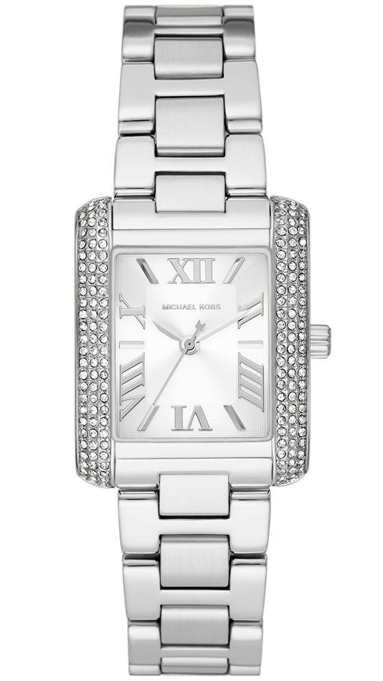 Michael Kors Emery silver-tone women's watch with rectangular dial, crystal-studded bezel, and matching bracelet
