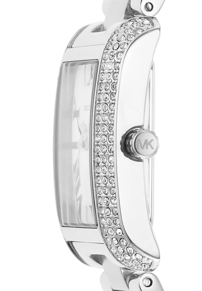 Side view of Michael Kors Emery watch showing rectangular case profile and crystal-embellished bezel