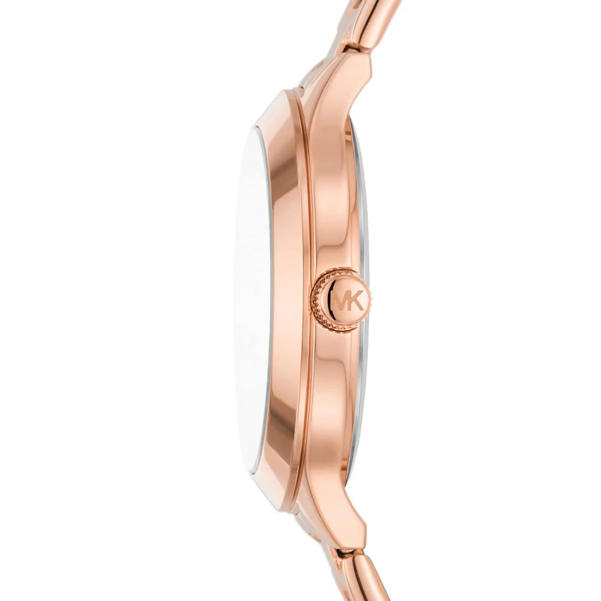 Michael Kors Slim Runway watch side view showing rose gold case and bracelet profile