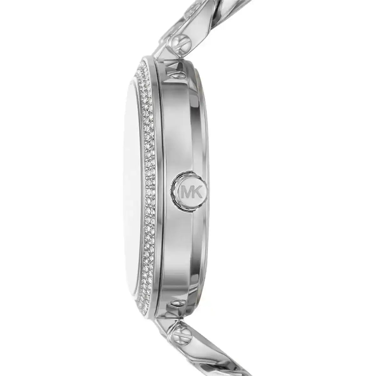 Michael Kors Catelyn watch side profile showing crystal-bezel case and chain strap detail