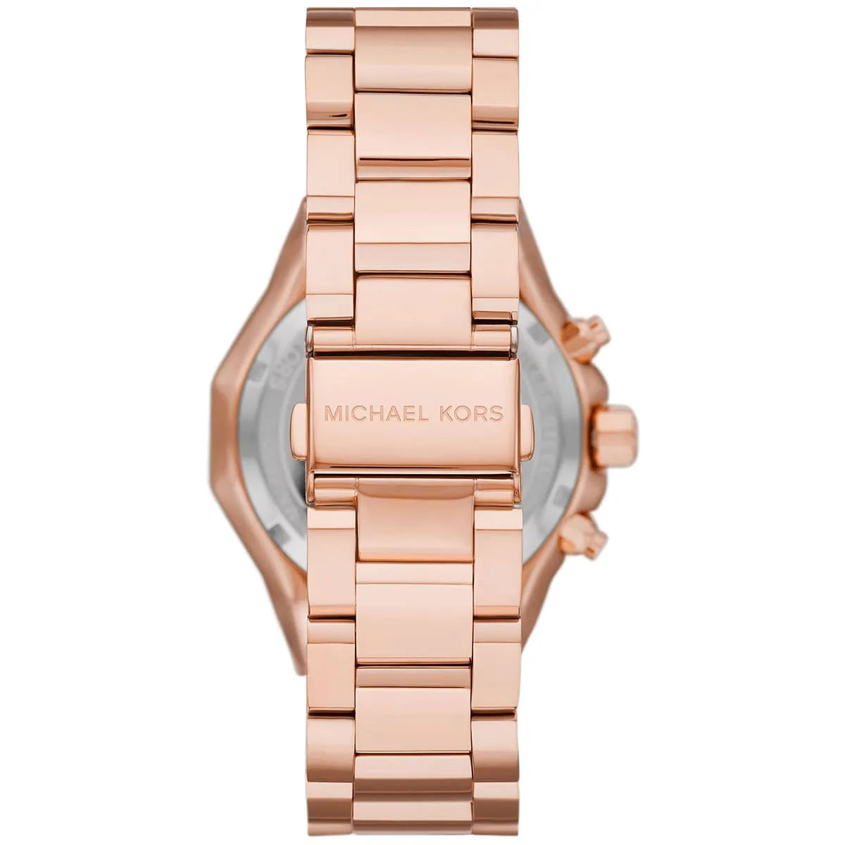 Back view of Michael Kors Raquel watch showing rose gold stainless steel caseback and engraved logo