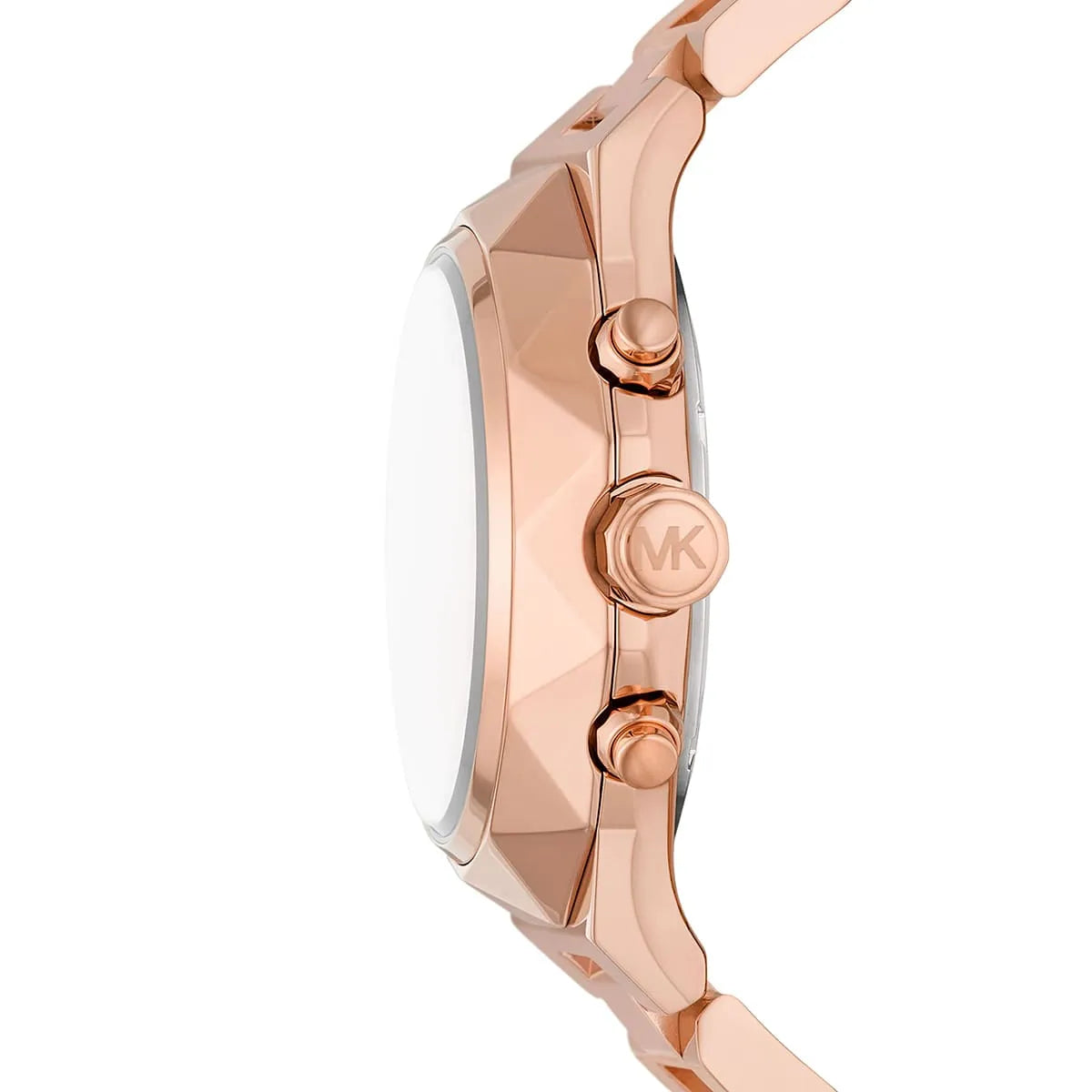 Side profile of Michael Kors Raquel rose gold watch with chronograph pushers and bracelet