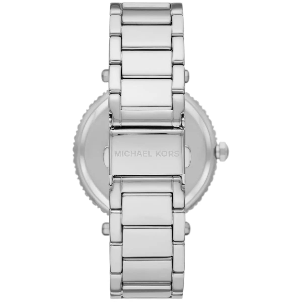 Michael Kors Parker Lux caseback view with silver-tone metal bracelet