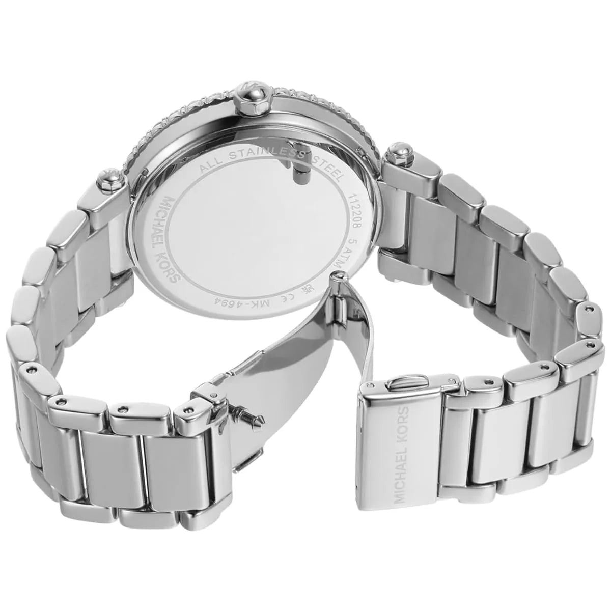Michael Kors Parker Lux strap detail showing silver-tone stainless steel links and fold-over clasp