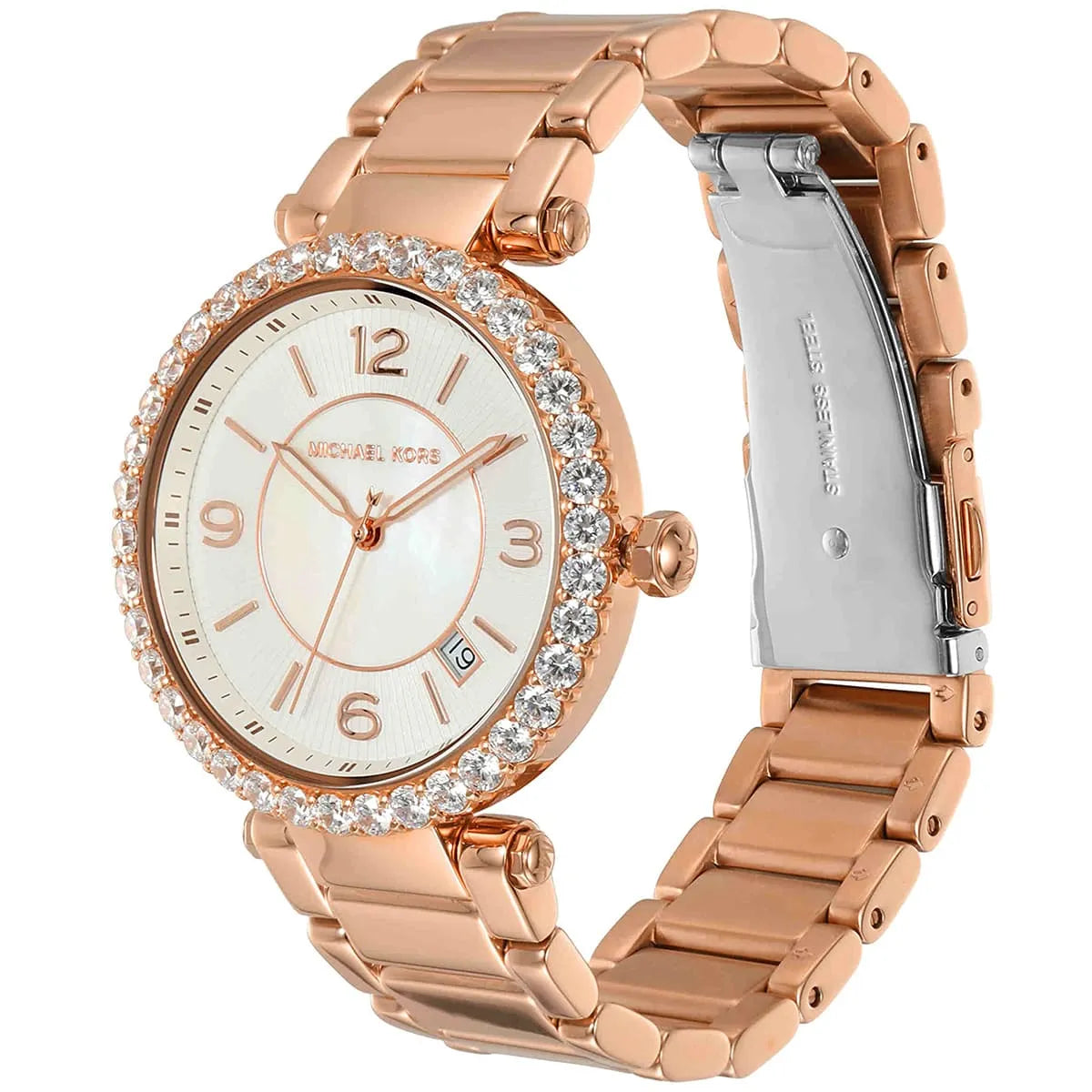 Michael Kors Parker watch side angle showing rose gold stainless steel bracelet and crystal bezel