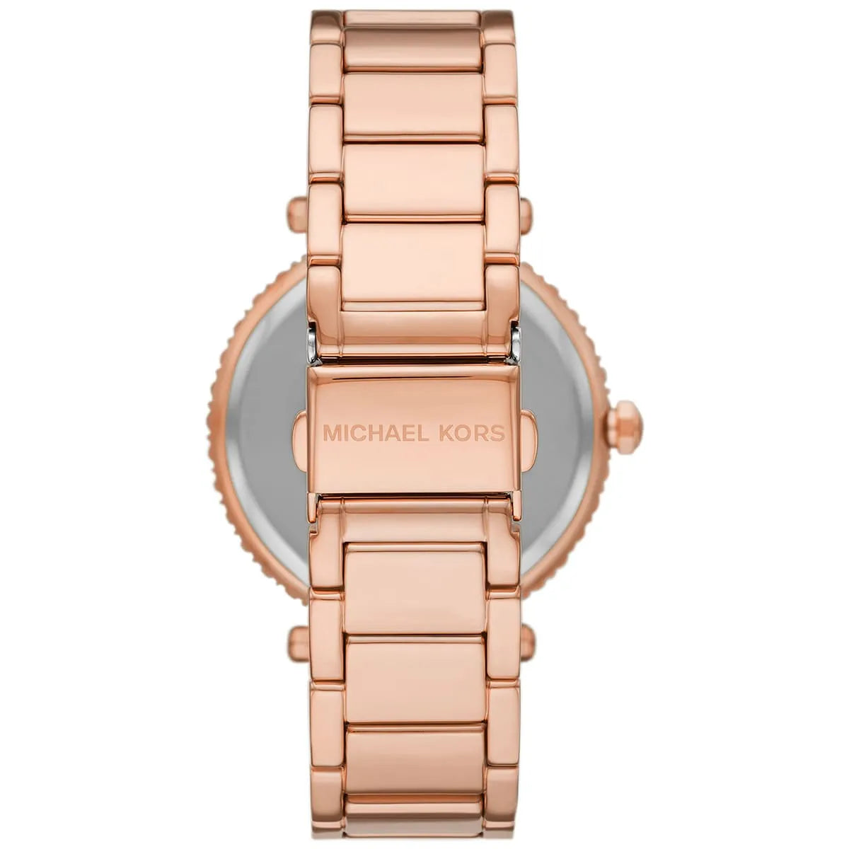 Michael Kors Parker watch caseback showing stainless steel case and crown details