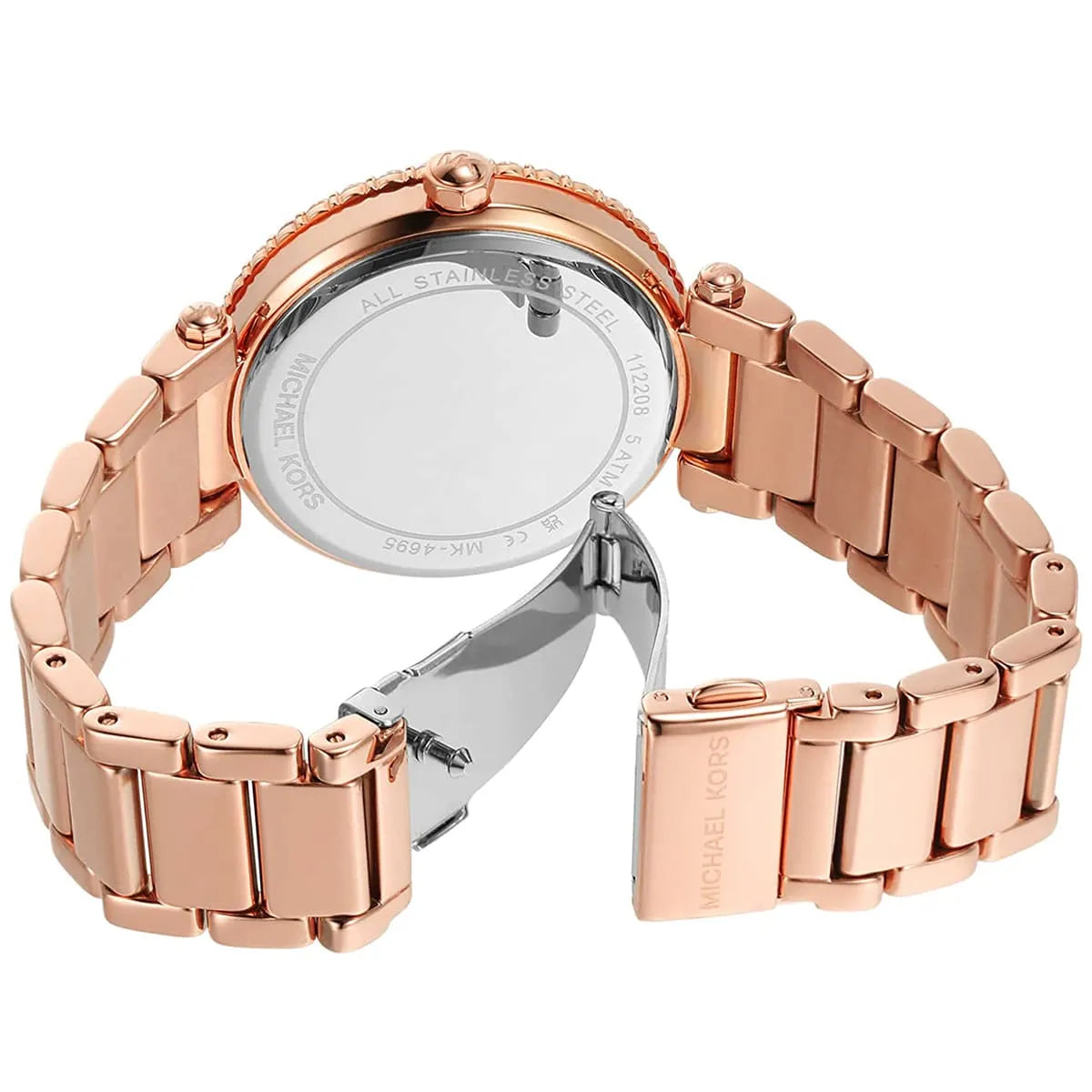 Michael Kors Parker rose gold stainless steel bracelet and three-link band closeup