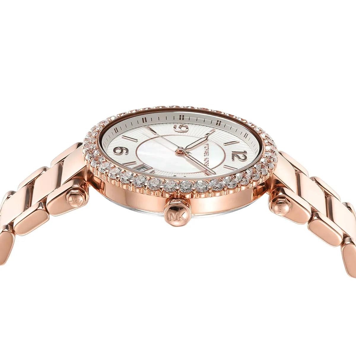 Michael Kors Parker watch top-down view showing crystal bezel and white mother-of-pearl dial