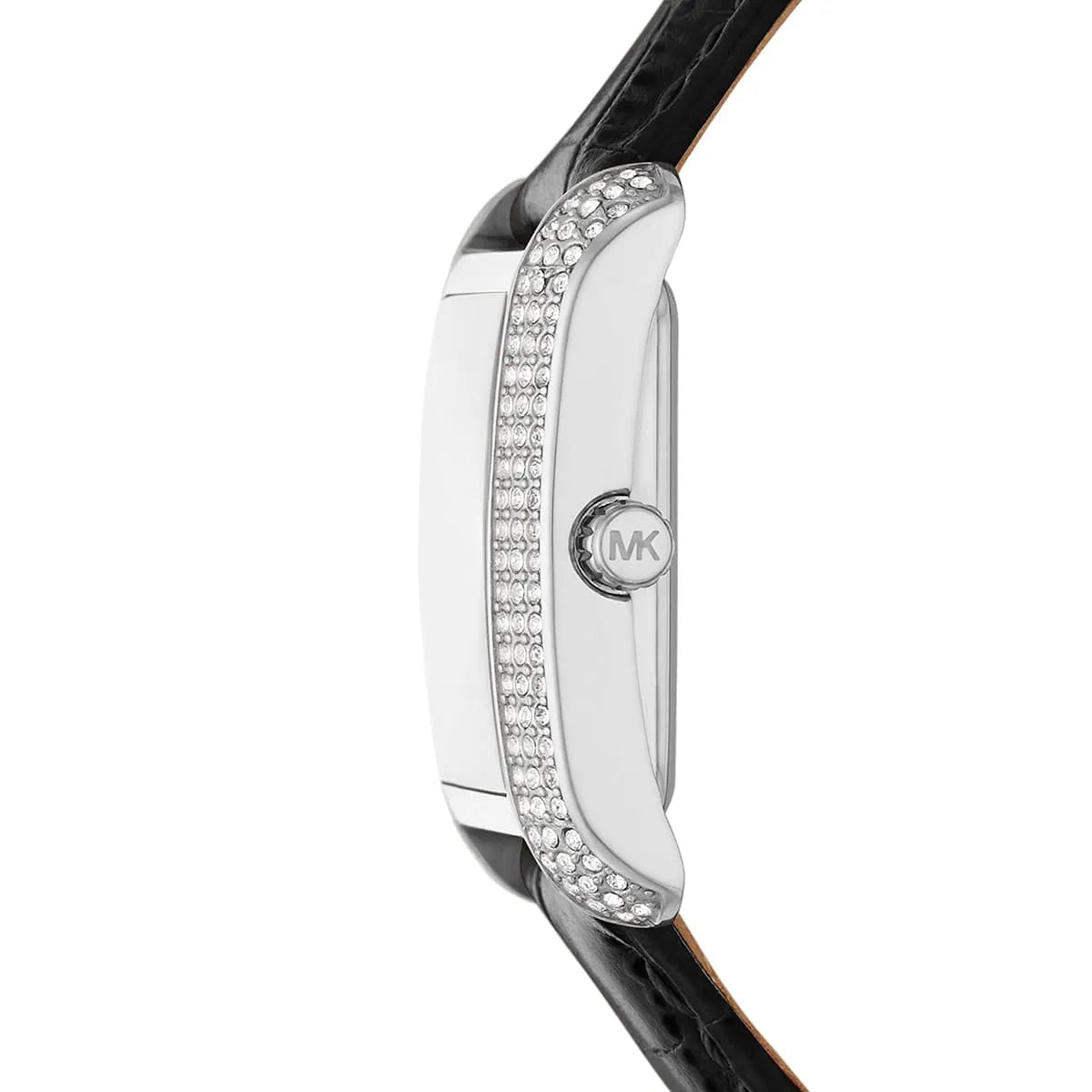 Side profile of the Michael Kors Emery watch showing the crystal-set case and black strap