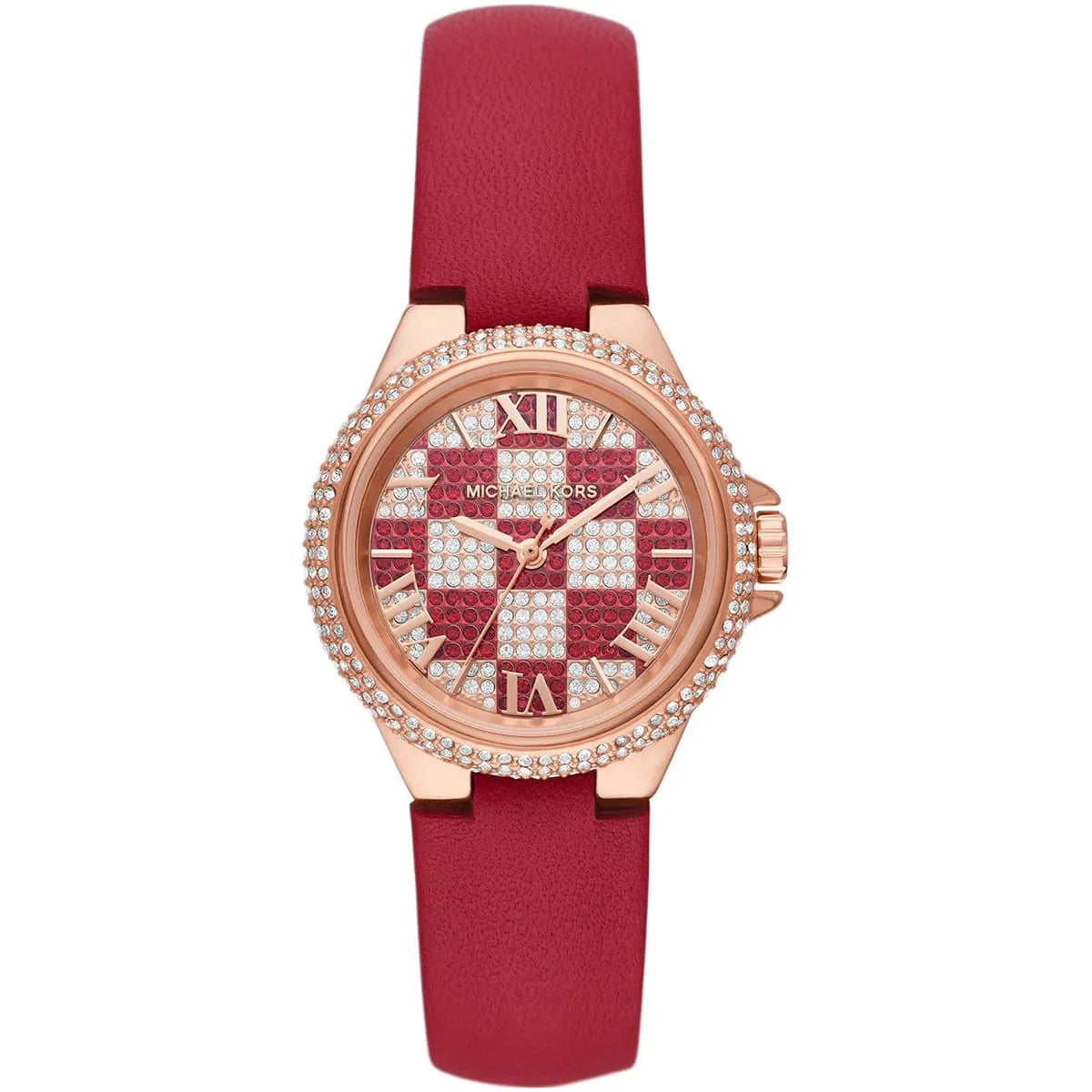 Michael Kors Camille red leather watch with crystal-set rose gold bezel and checkerboard dial