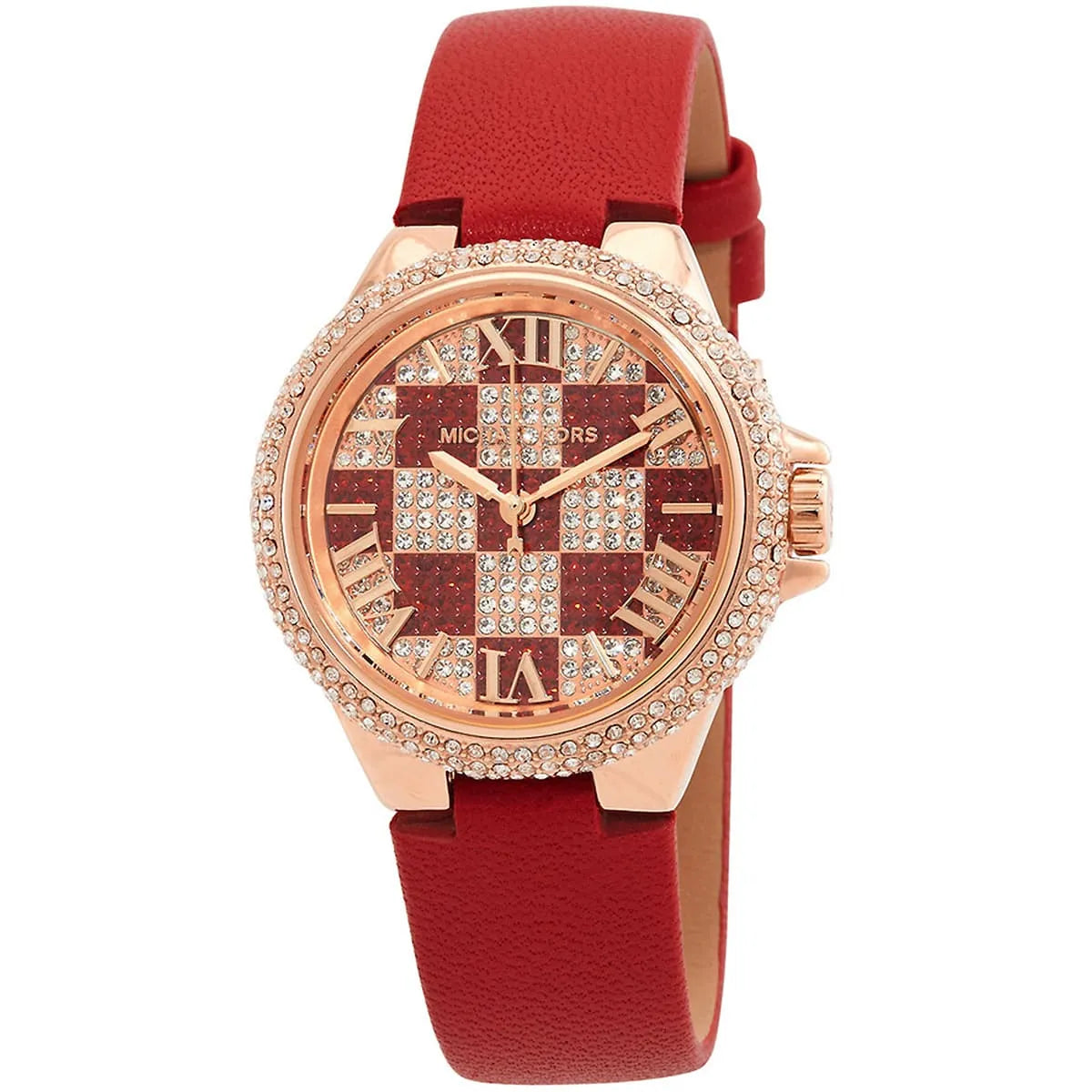 Side view of Michael Kors Camille women's watch with red leather strap