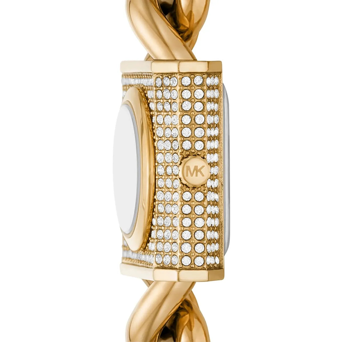 Side angle view of MK4711 watch showing crystal-paved bezel and chain link bracelet