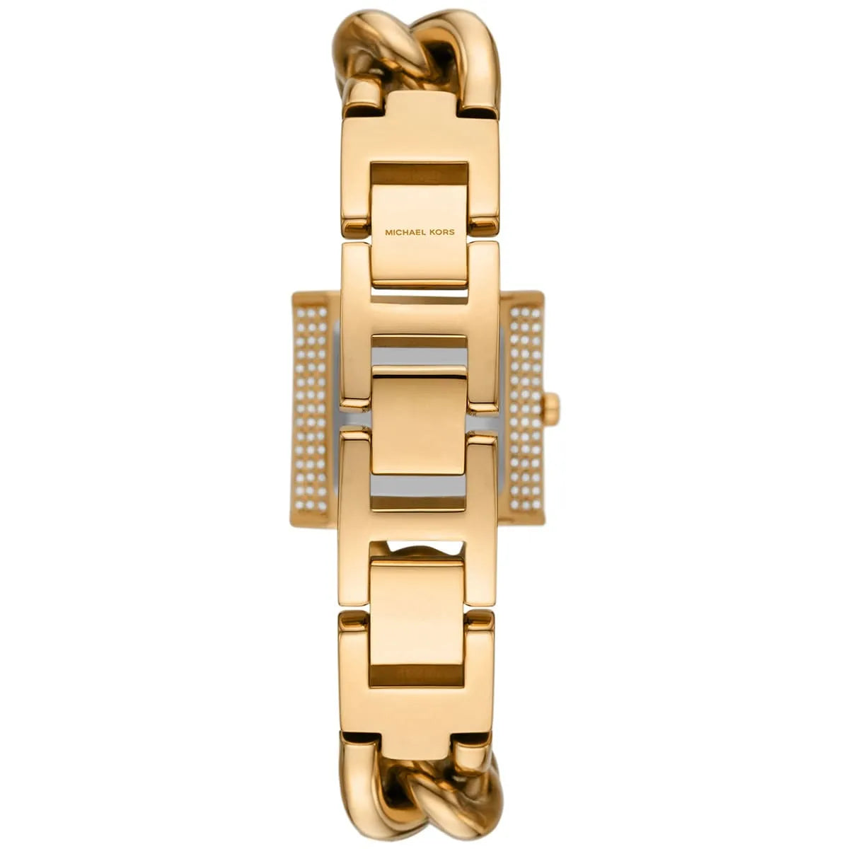 Back view of MK4711 watch showing Michael Kors branding and gold chain link band