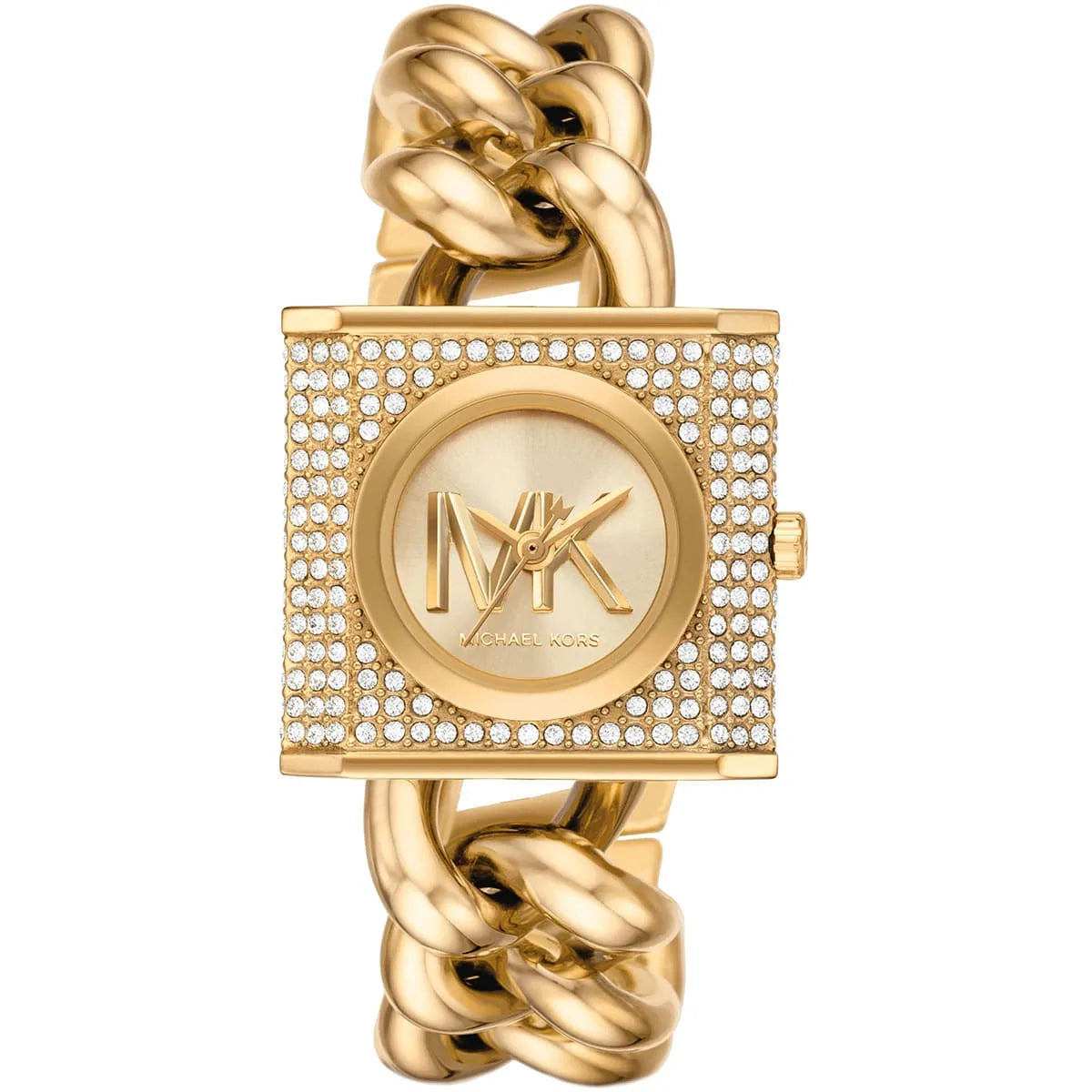 Michael Kors Chain Lock watch with square crystal-studded case, gold dial, and chain link strap