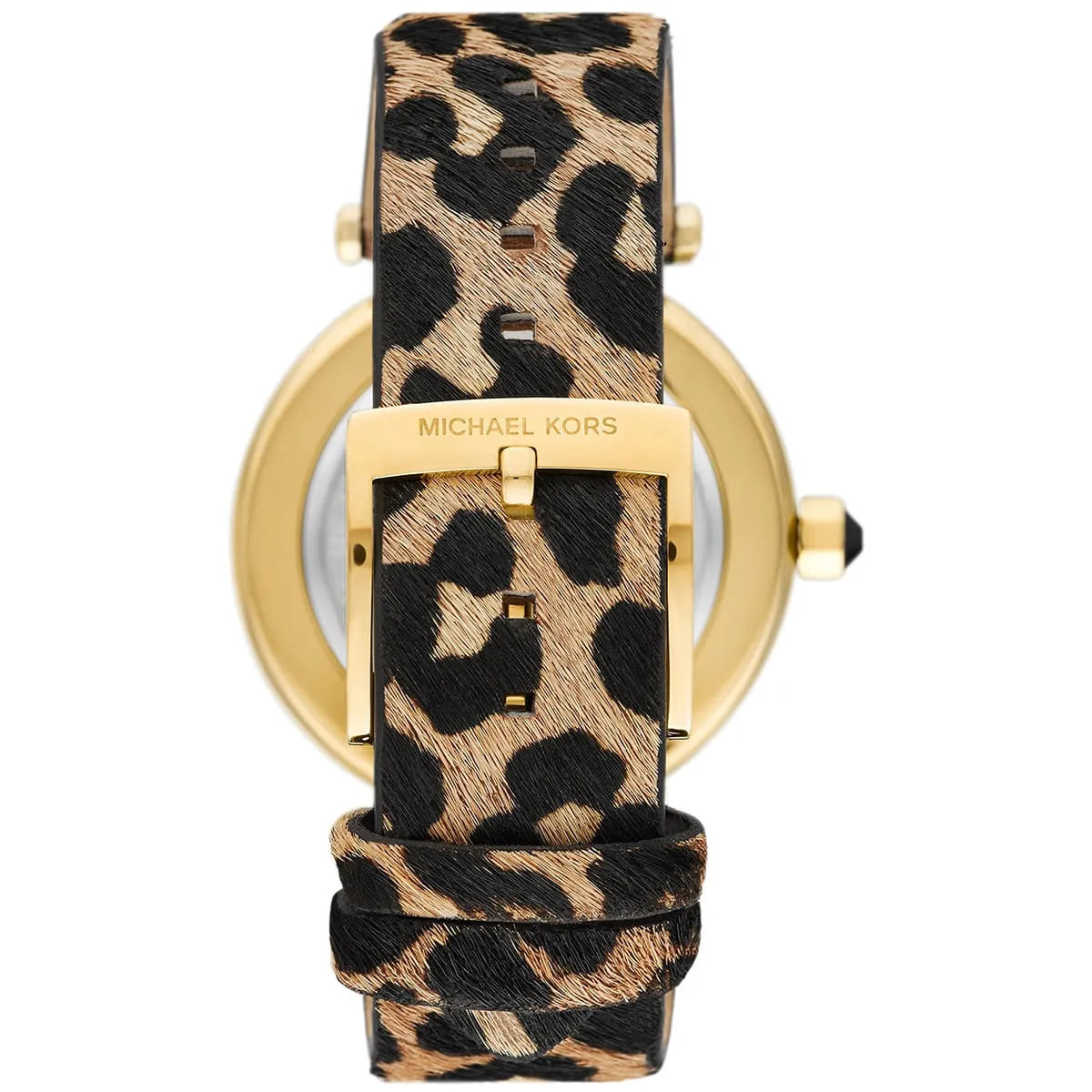 Michael Kors Parker watch caseback displaying stainless steel back and leopard print leather strap