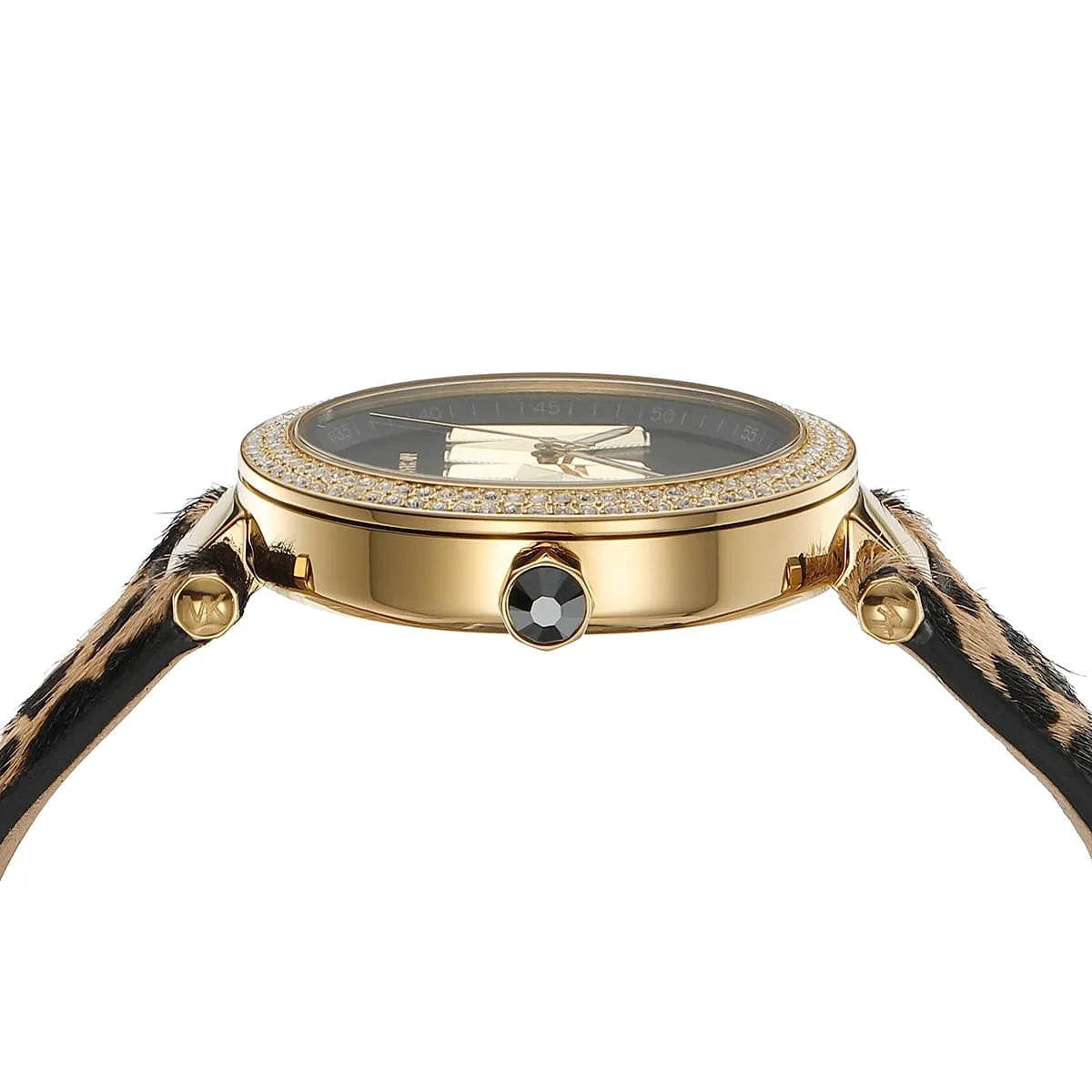 Michael Kors Parker watch dial detail showing black face, MK logo, and gold hands with pavé bezel