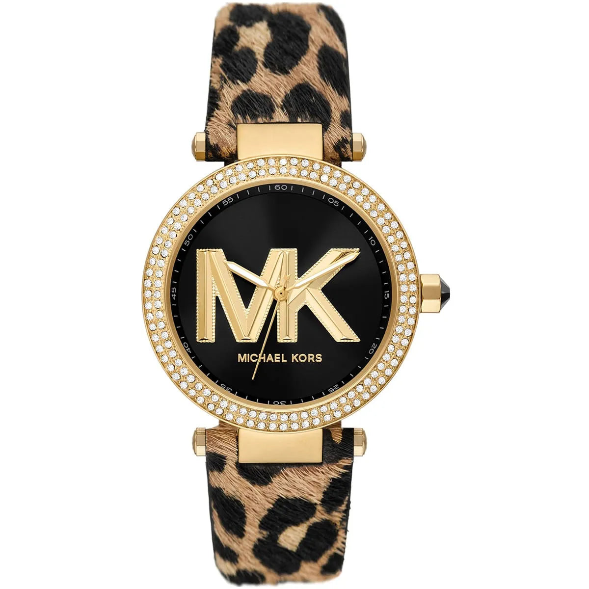 Michael Kors Parker watch with gold pavé bezel, black dial with MK logo, and leopard print leather strap
