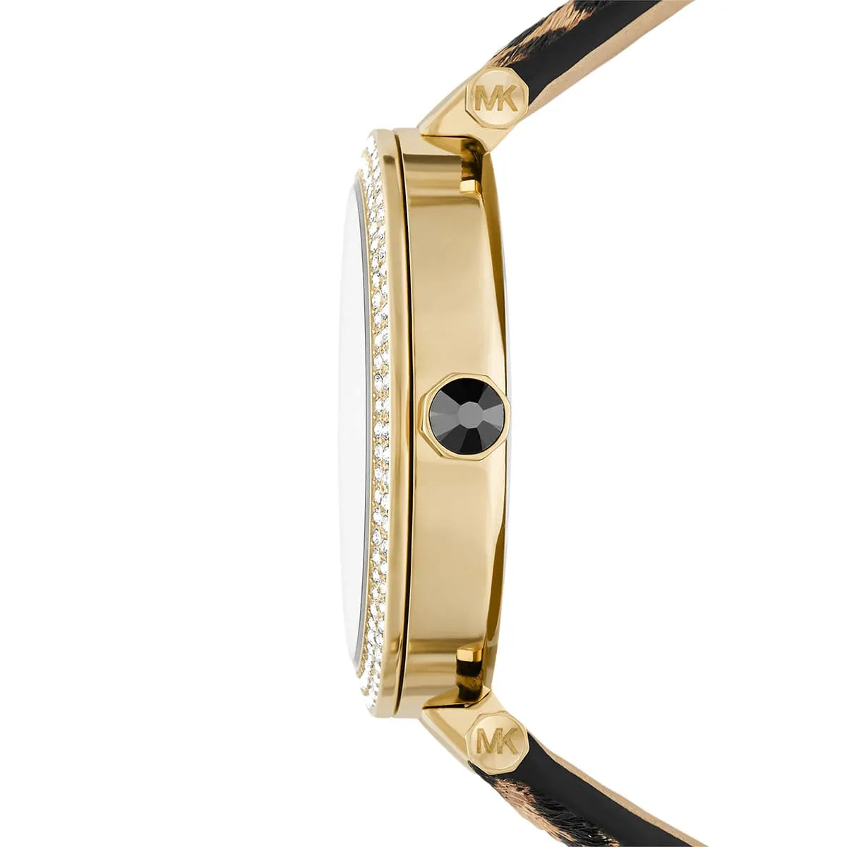Michael Kors Parker watch side view displaying gold case profile and pavé crystal bezel