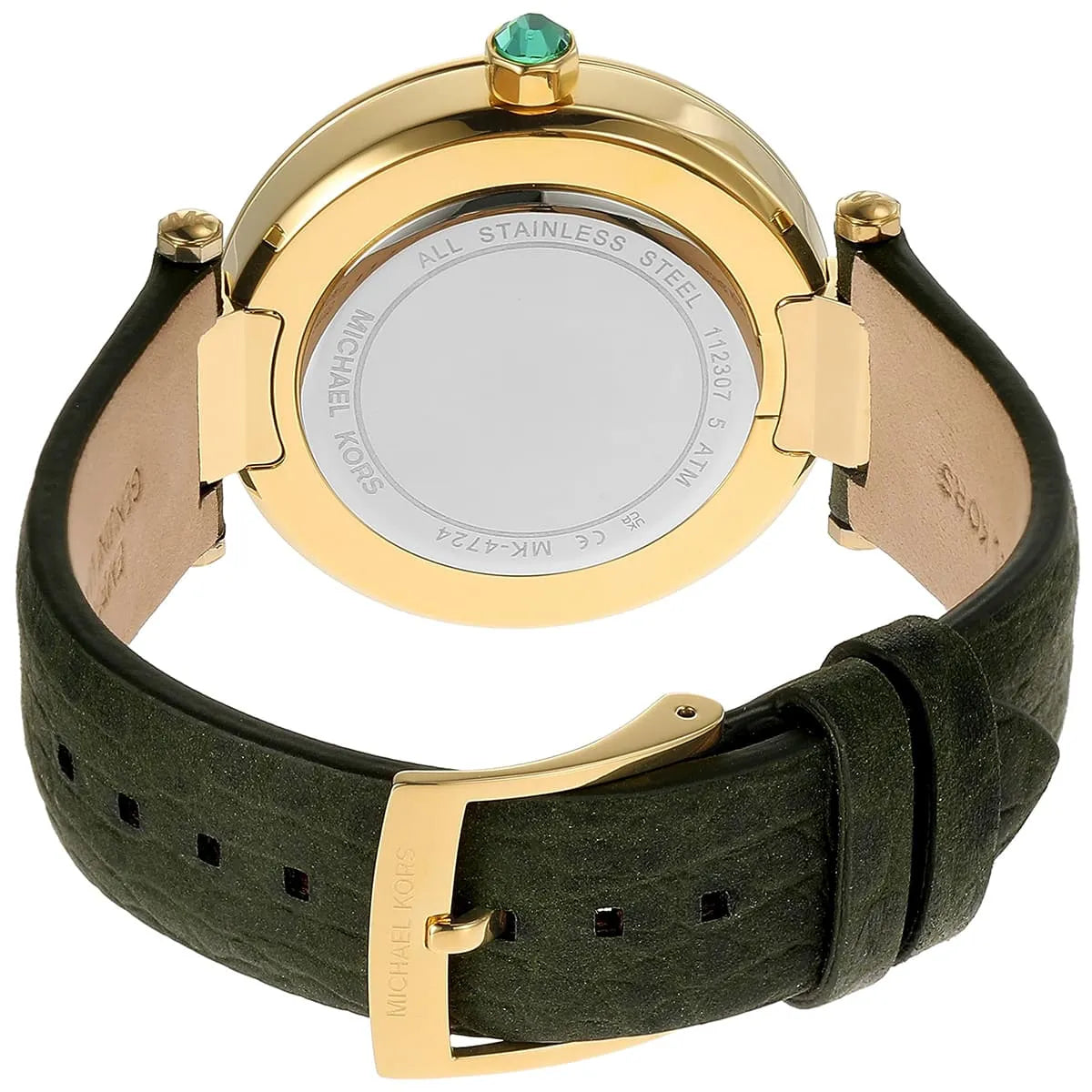 Michael Kors Parker caseback showing stainless steel case back and green leather strap