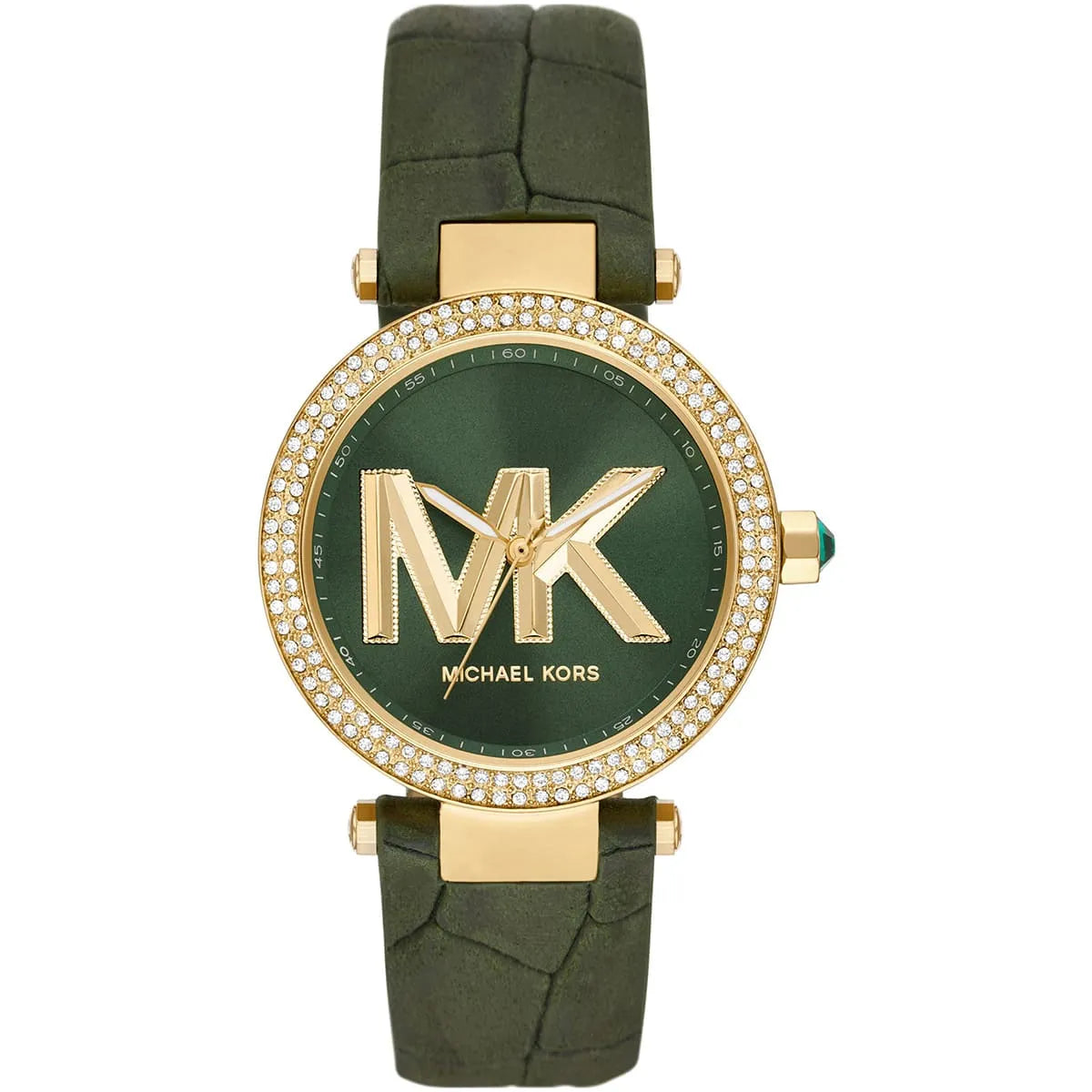 Michael Kors Parker women's watch with green dial, gold MK logo, crystal bezel, gold case, and green leather strap