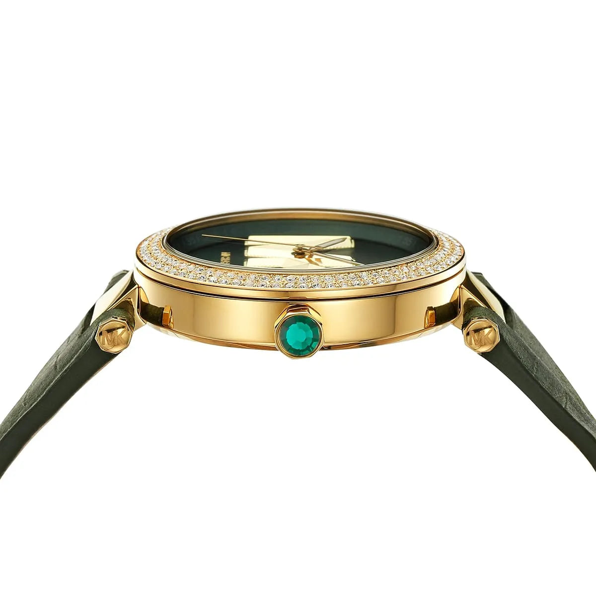 Overhead view of Michael Kors Parker showing dial, gold case, green leather strap, and three-hand movement