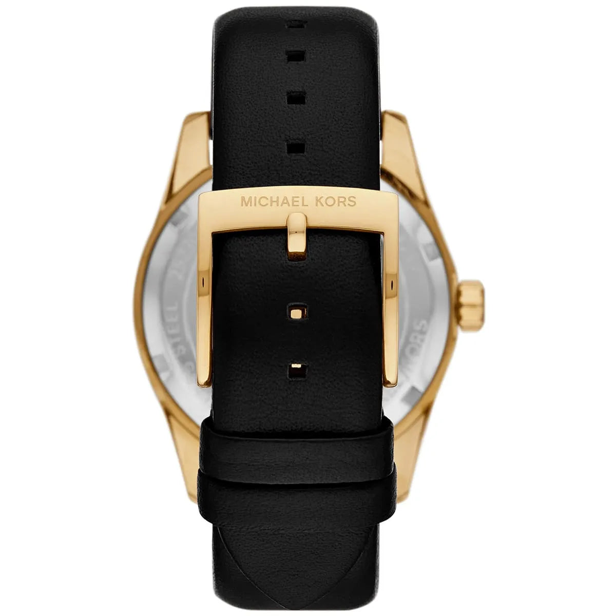 Back view of Michael Kors Lexington watch case and black leather strap with deployment clasp