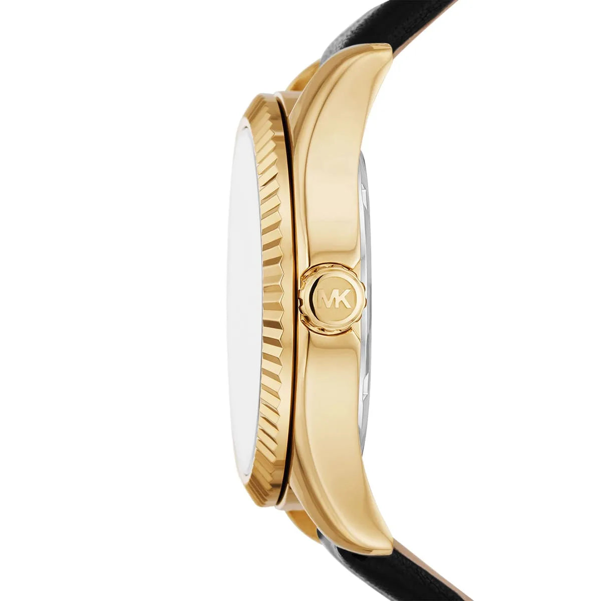 Side profile of Michael Kors Lexington watch showing gold-tone case and black leather strap