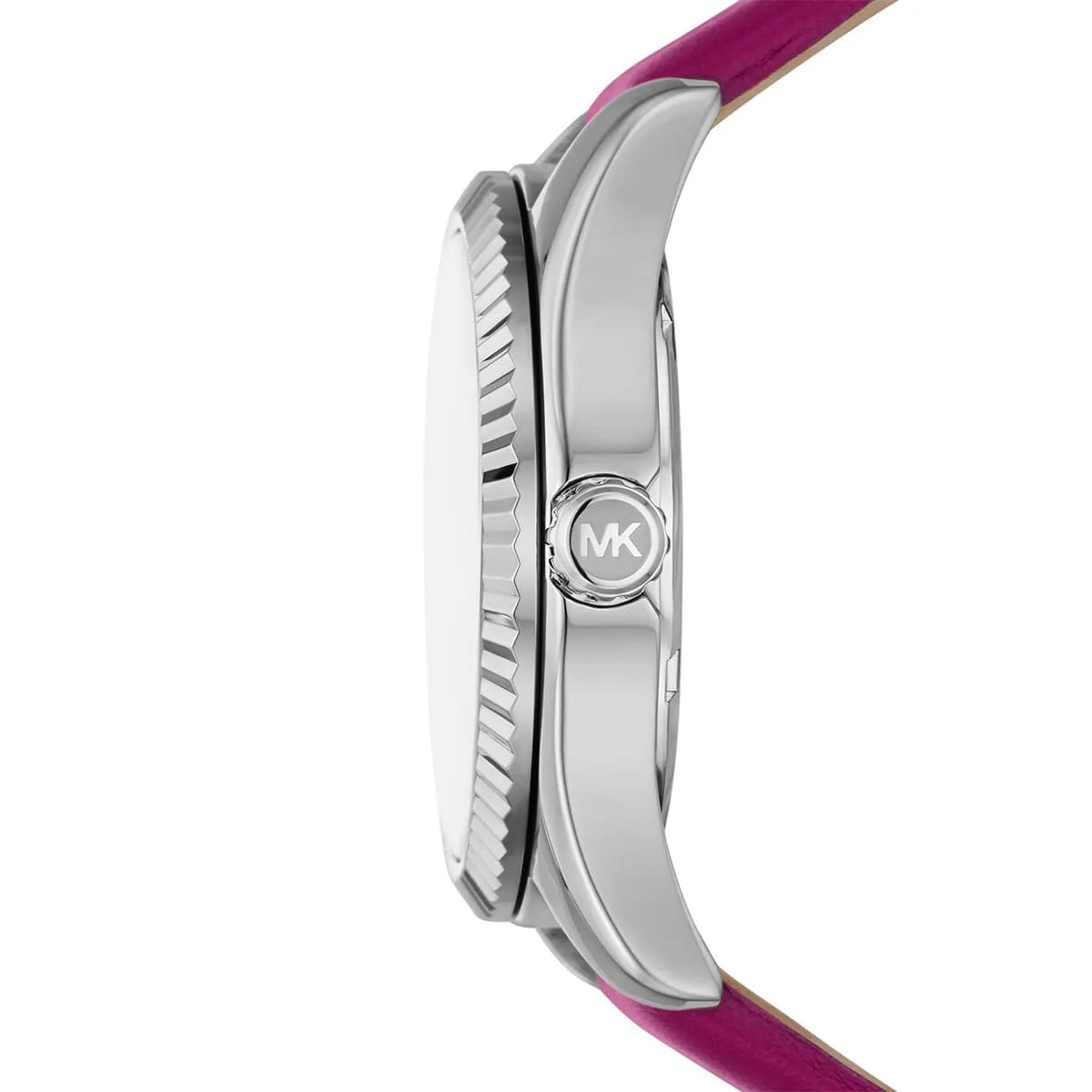 Michael Kors Lexington watch profile view of silver-tone case and pink leather strap
