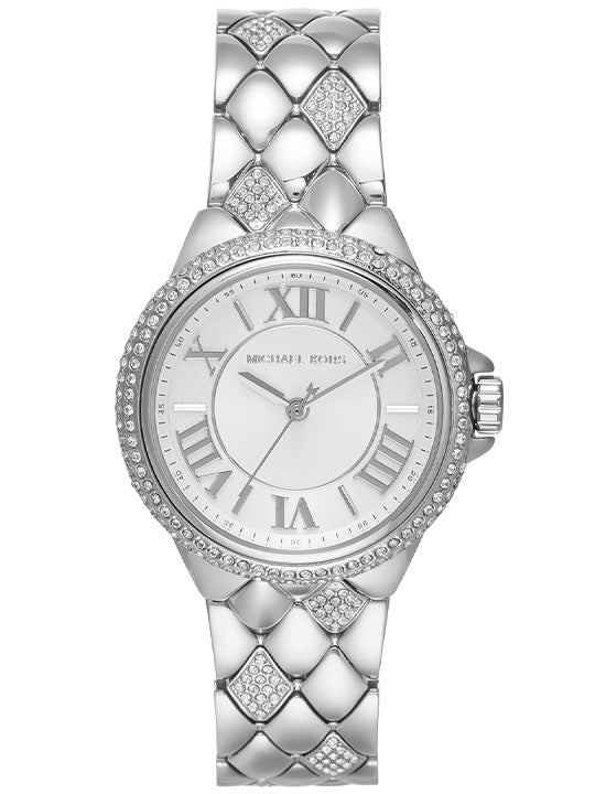 Michael Kors Mini Camille silver-tone watch with pavé dial, crystal-set bezel, and quilted strap