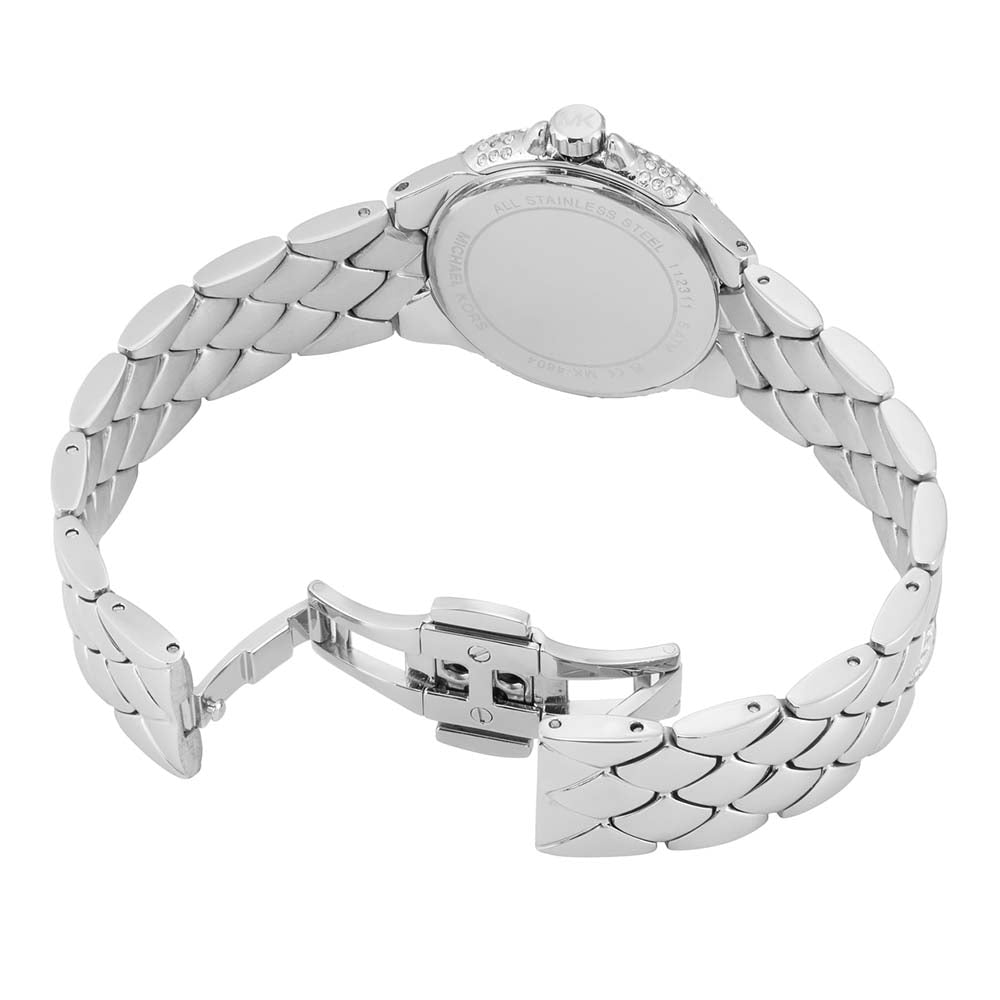 Silver-tone metal bracelet with clasp closure on Michael Kors Mini Camille watch