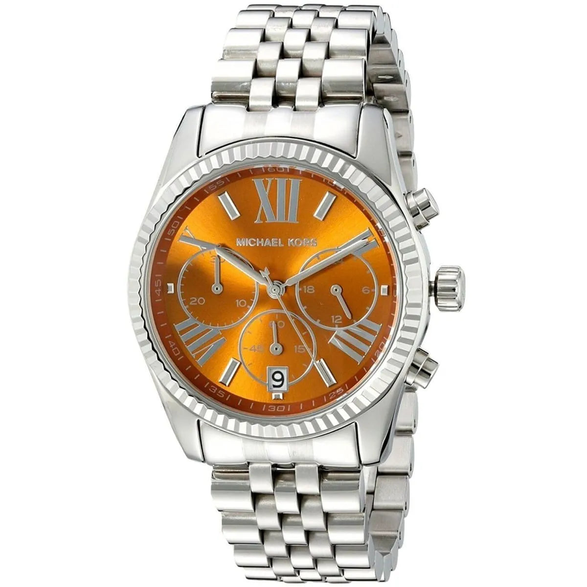Three-quarter view of MK6221 Lexington watch showing orange dial and silver metal strap