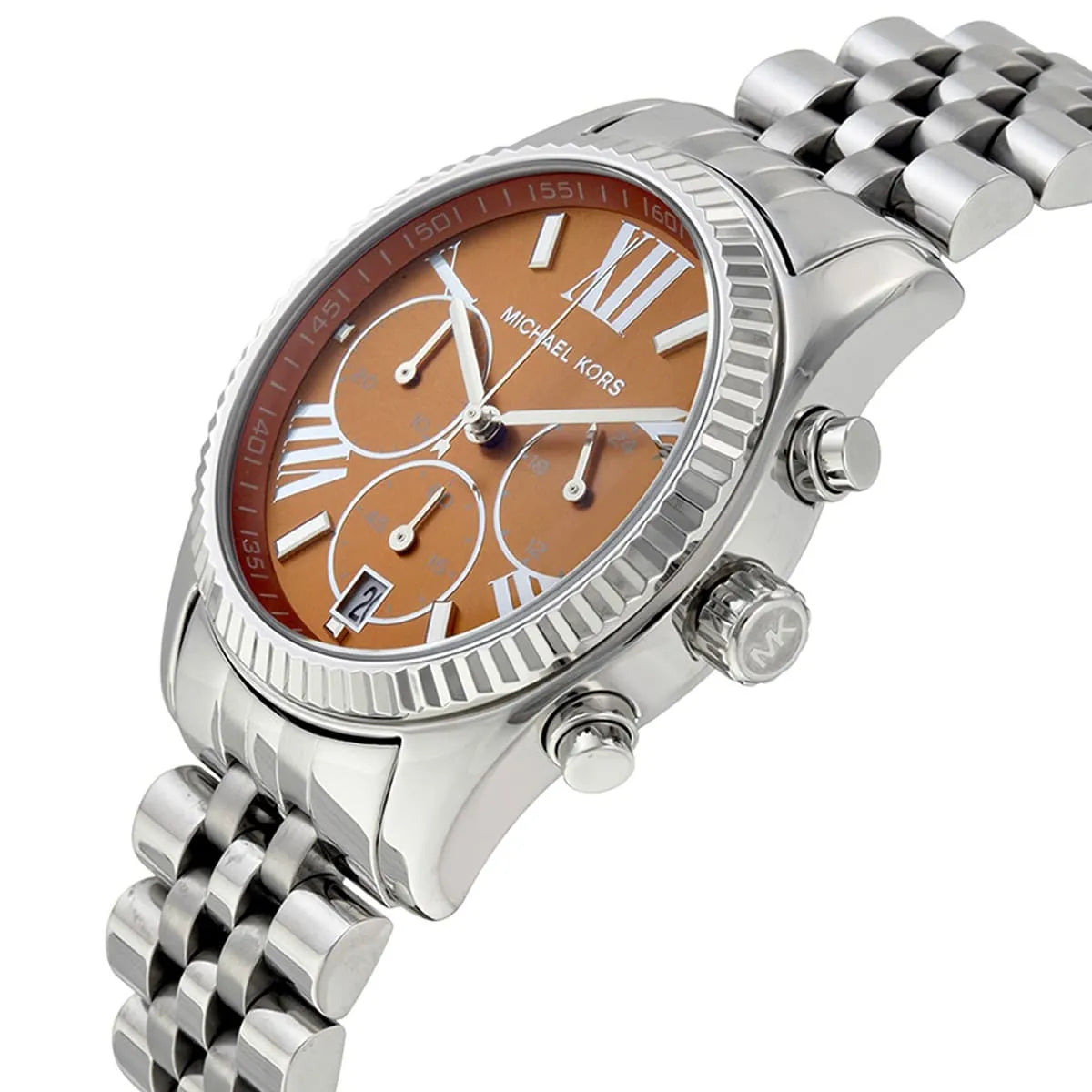 Side profile of Michael Kors Lexington MK6221 chronograph with stainless steel case and bracelet