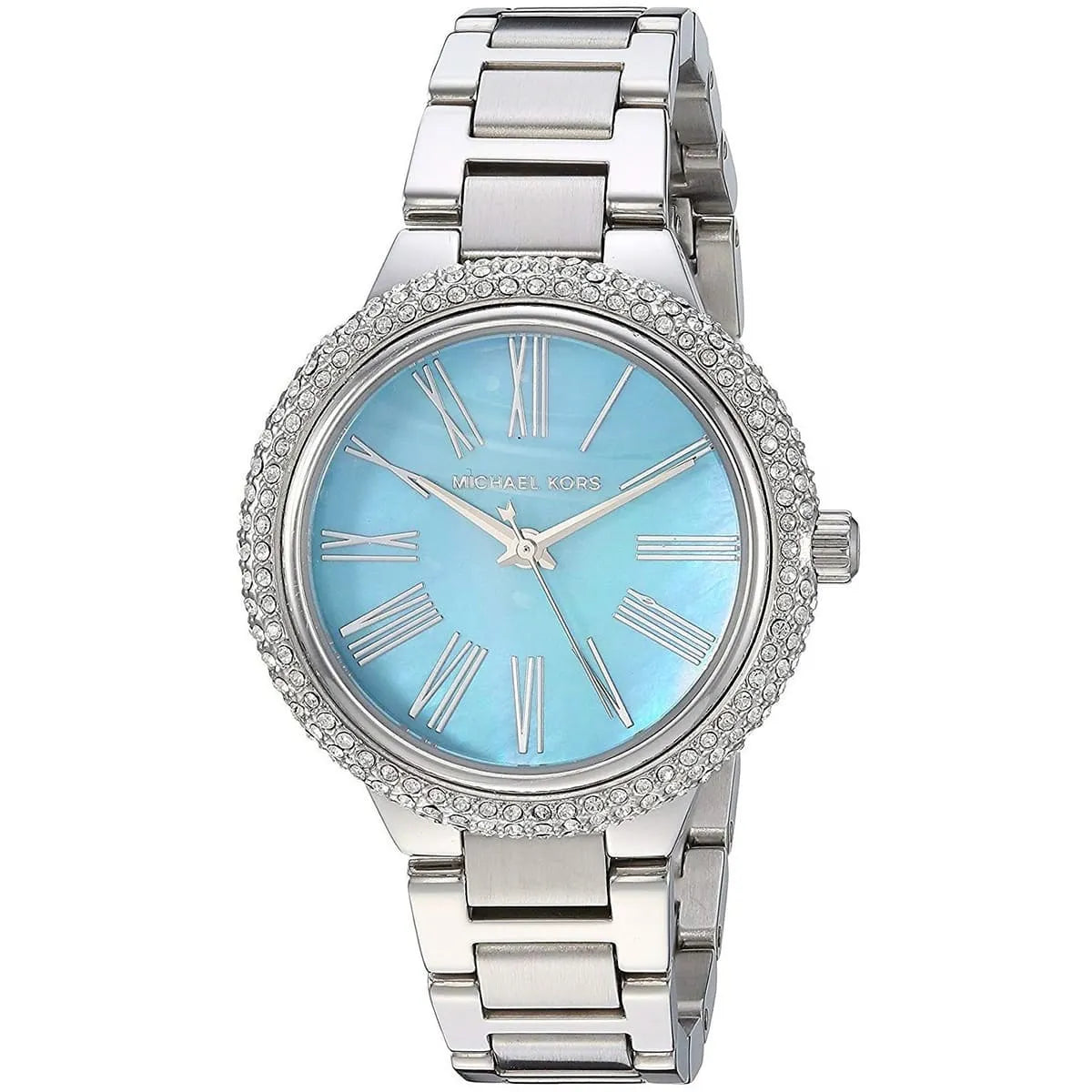 Michael Kors Mini Taryn watch angled view showing blue dial and silver metal bracelet