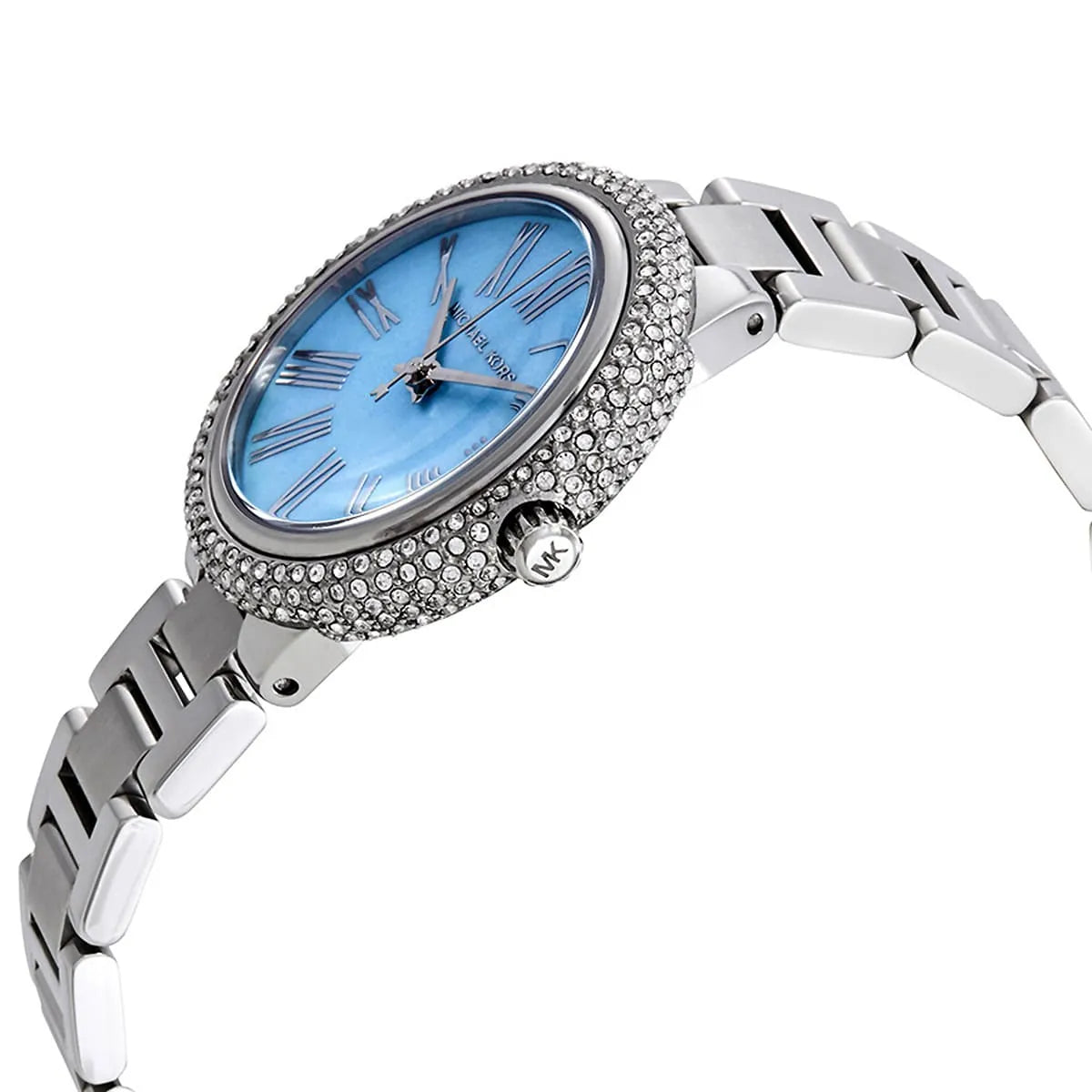Michael Kors Mini Taryn watch worn on wrist with blue dial and silver bracelet