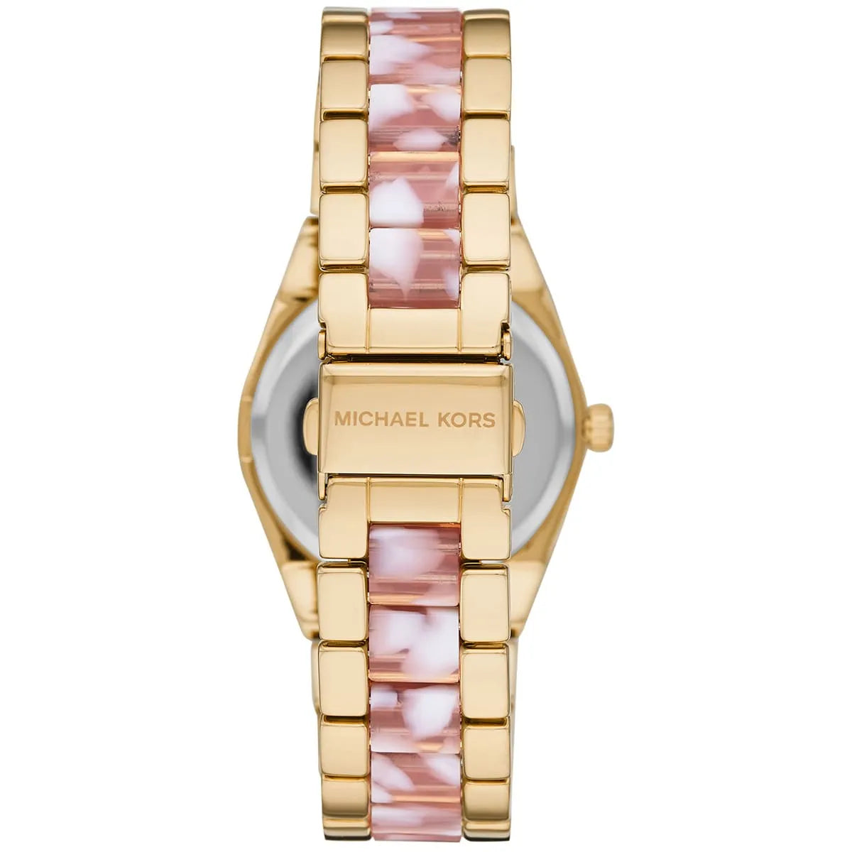 Michael Kors Ritz MK6650 watch caseback with gold-tone finish and tortoise acetate strap