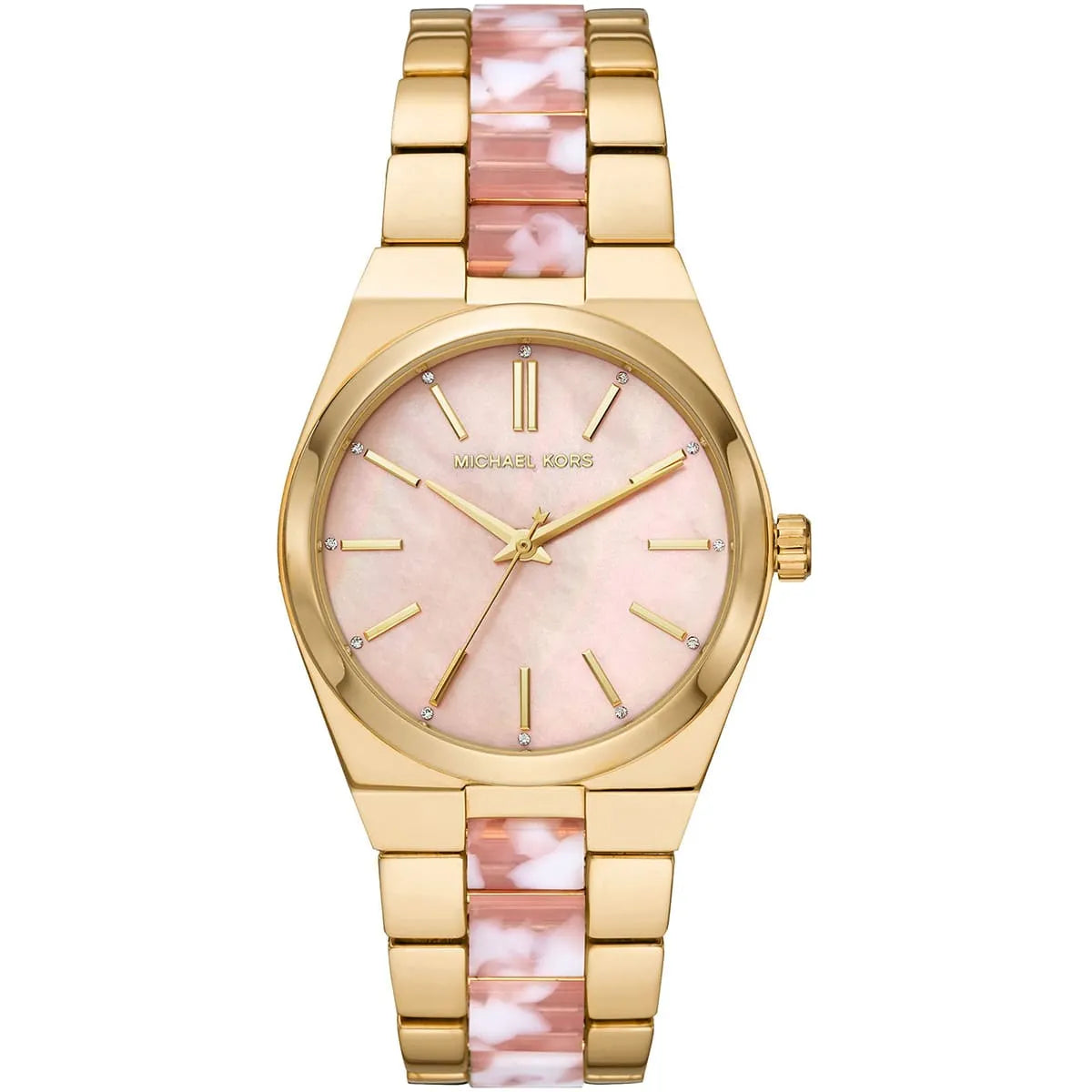 Michael Kors Ritz MK6650 watch front view with pink dial, gold-tone case, and tortoise acetate strap