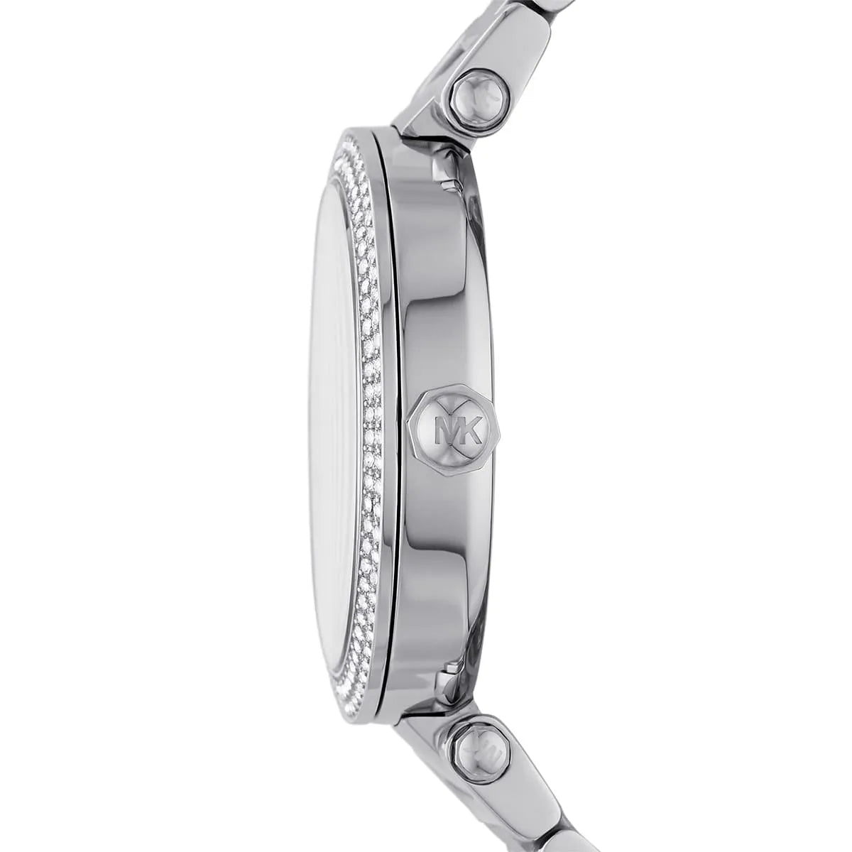 Side view of Michael Kors Parker watch showing stainless steel bracelet and crystal bezel