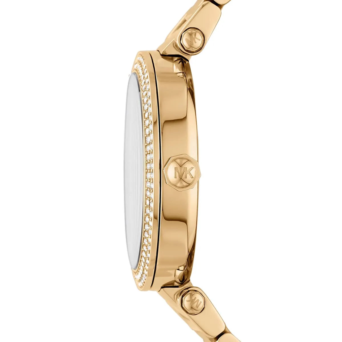 Side view of Michael Kors Parker watch showing crystal bezel and gold-tone stainless steel case profile