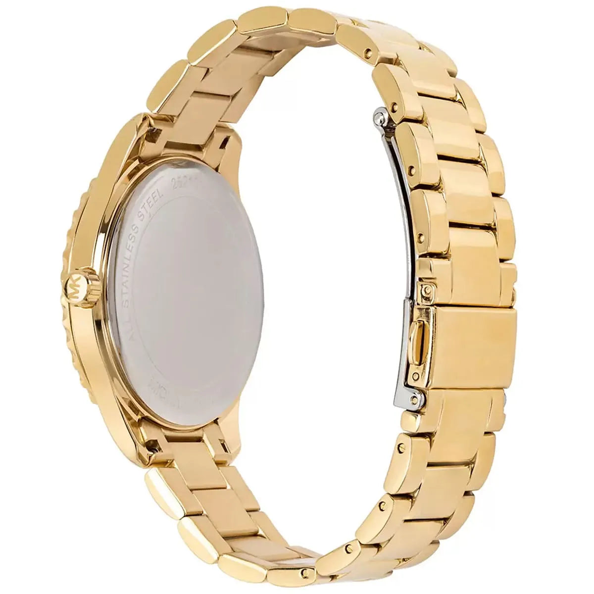 Michael Kors Layton watch caseback showing MK logo and folding clasp on gold-tone bracelet