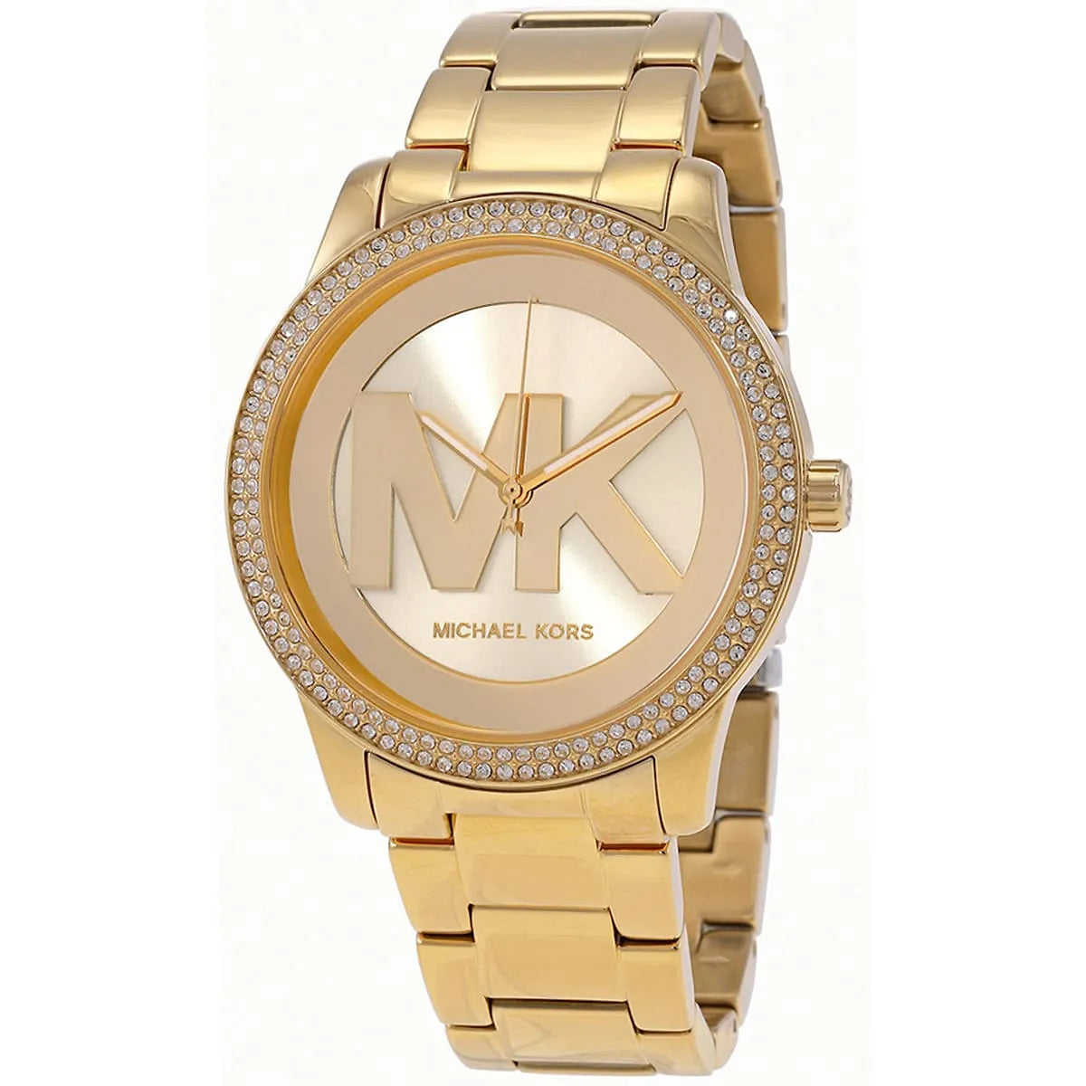 Michael Kors Tibby MK6879 three-quarter angle view showing gold stainless steel bracelet and crystal bezel