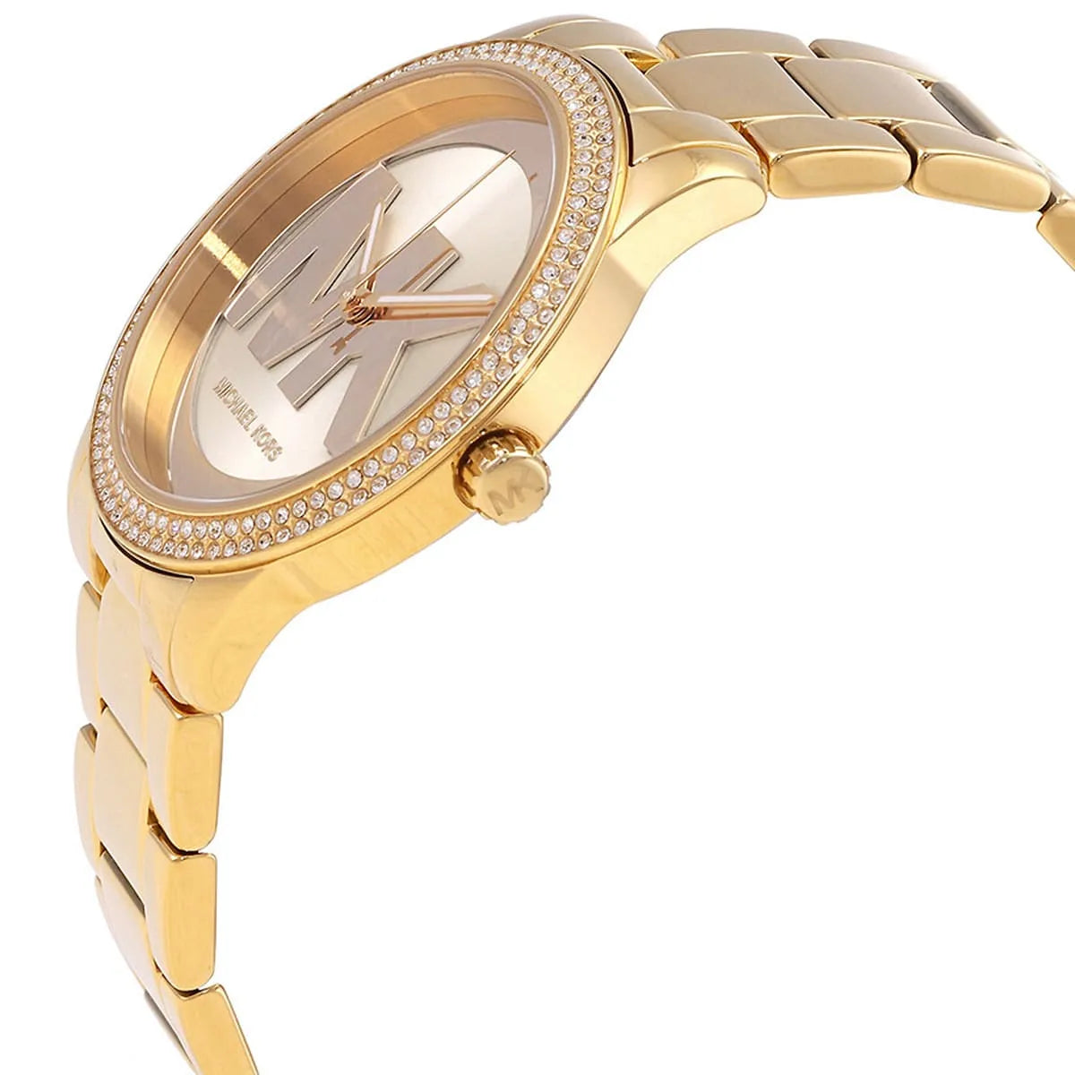 Michael Kors Tibby MK6879 side view with gold case, crystal bezel, and three-hand dial