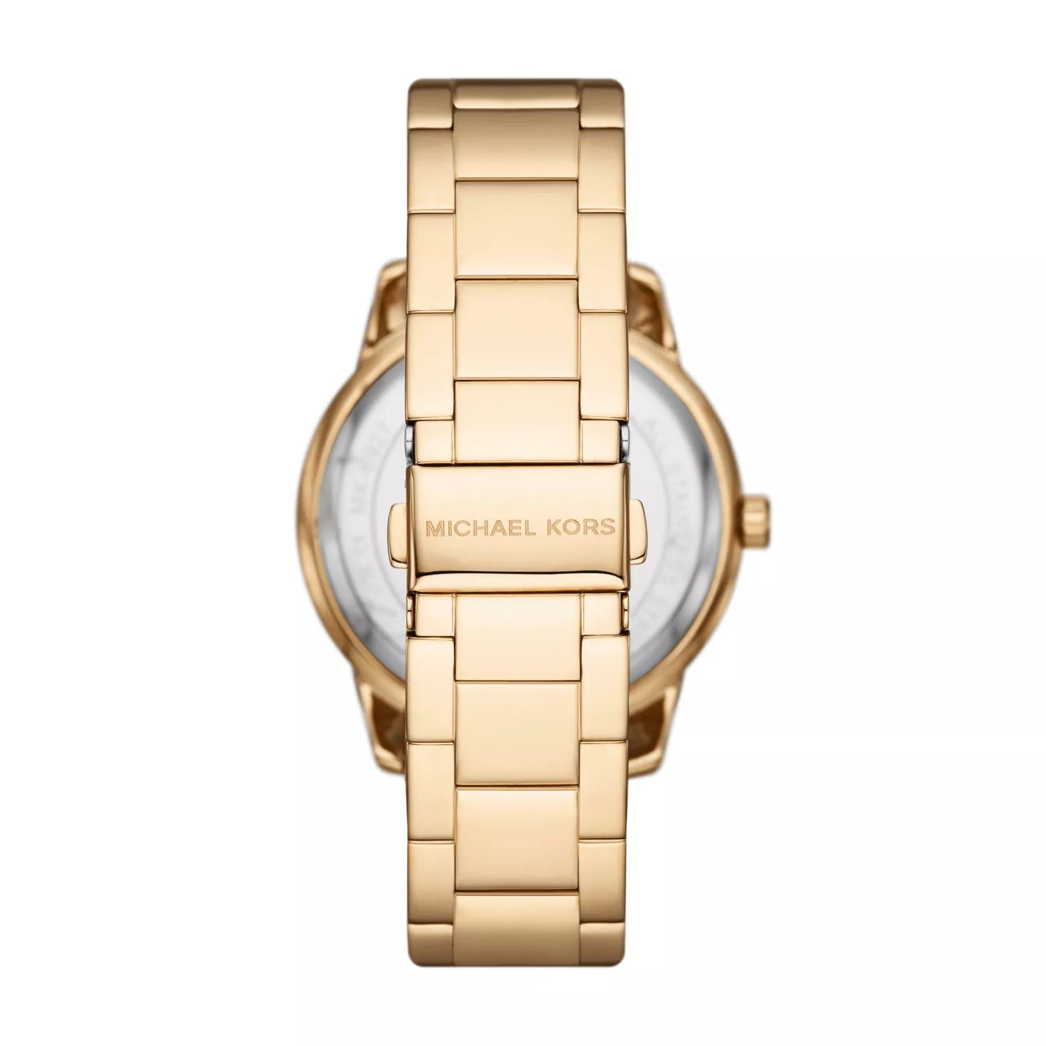 Back view of Michael Kors Tibby watch showing gold-tone metal bracelet and caseback