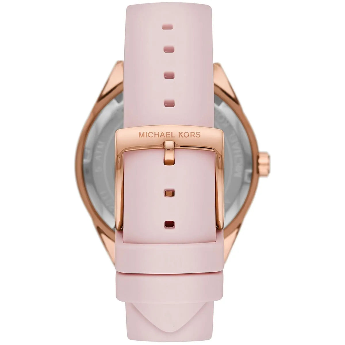 Michael Kors MK6946 watch case back view with silicone strap and buckle closure