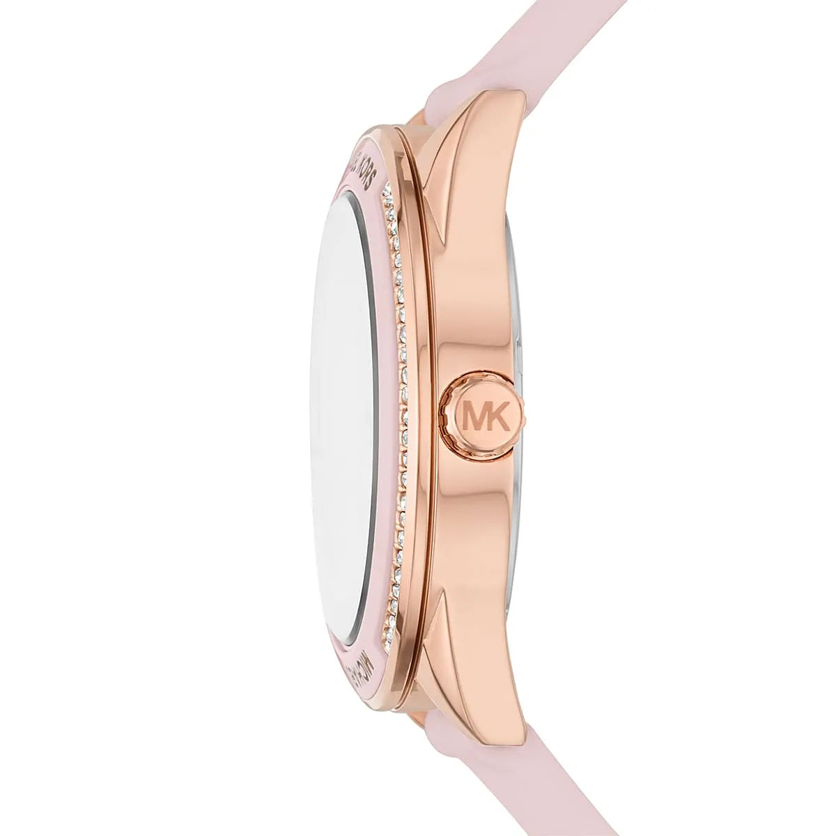 Side profile of Michael Kors MK6946 watch showing rose gold case and pink silicone strap