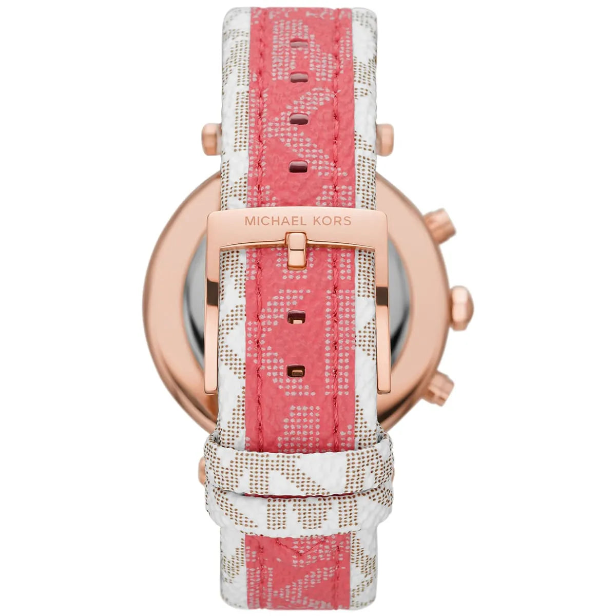 Back side view of Michael Kors Parker watch with rose gold case and pink patterned strap