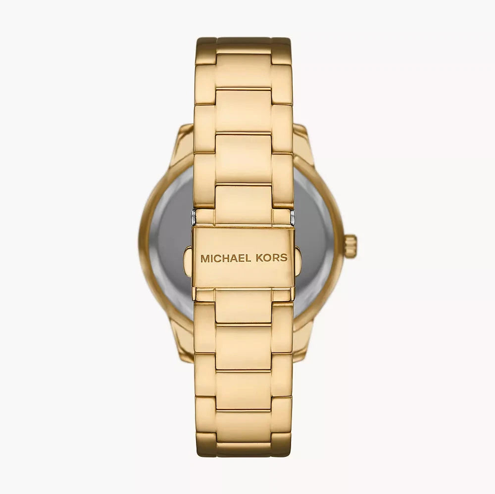 Case back view of Michael Kors Tibby watch showing gold-tone stainless steel bracelet and case