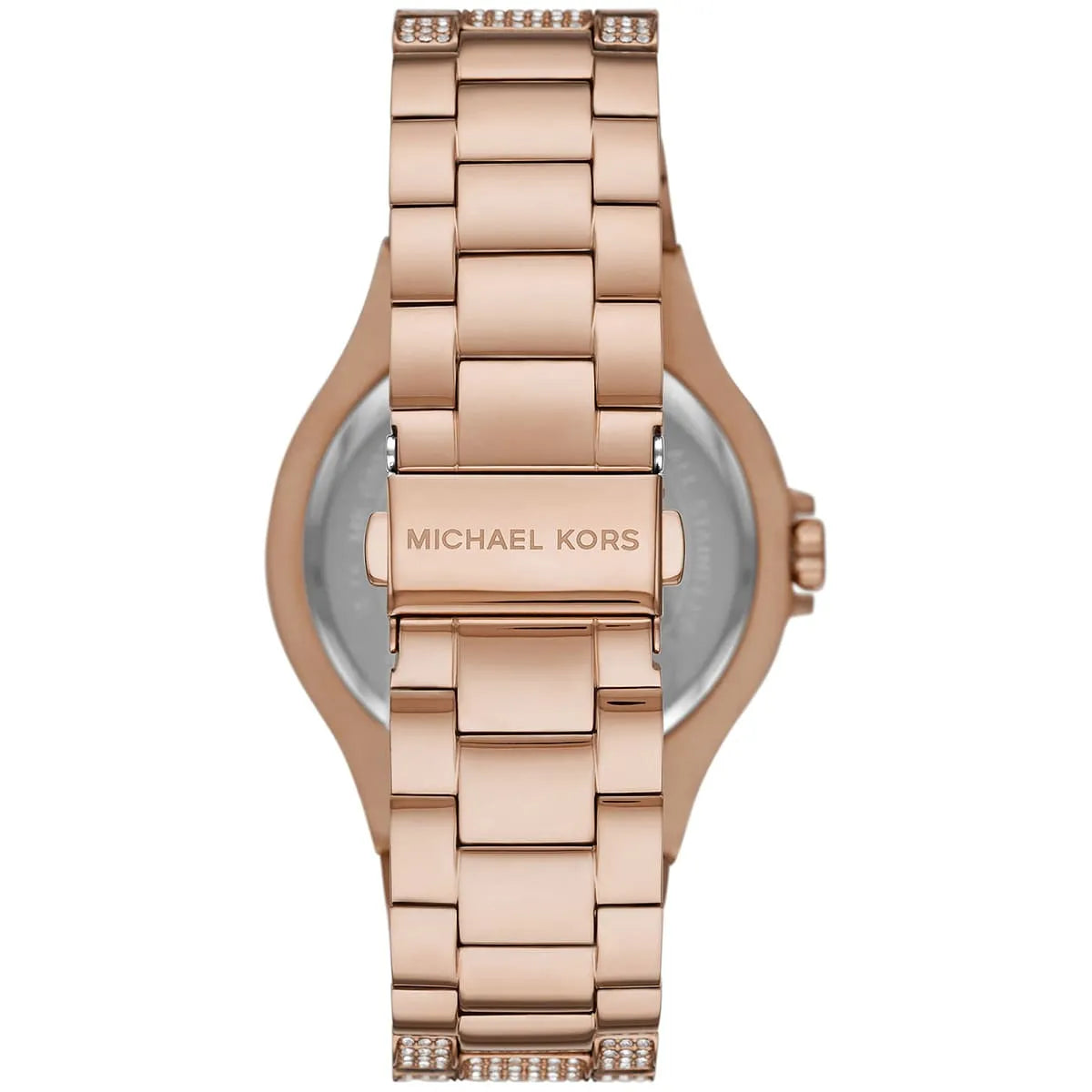 Michael Kors Lennox caseback showing stainless steel bracelet and engraved MICHAEL KORS text