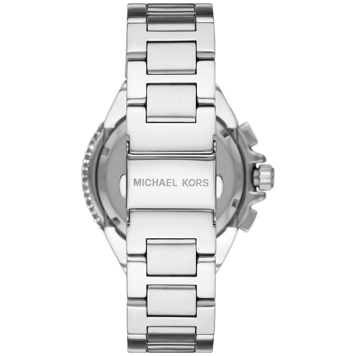 Michael Kors Camille MK6993 caseback view with stainless steel bracelet and chronograph pushers