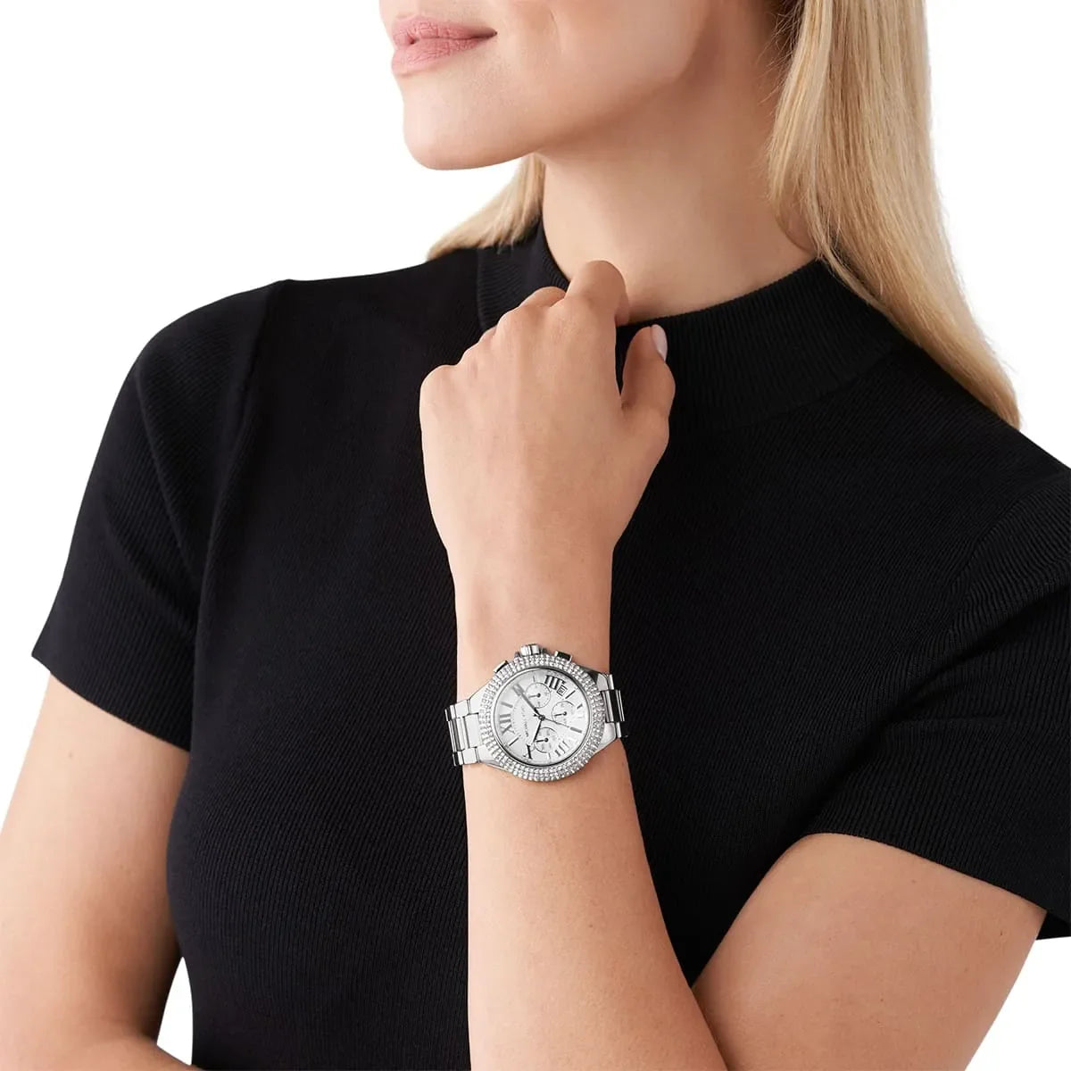 Michael Kors Camille MK6993 oversized chronograph watch worn on wrist