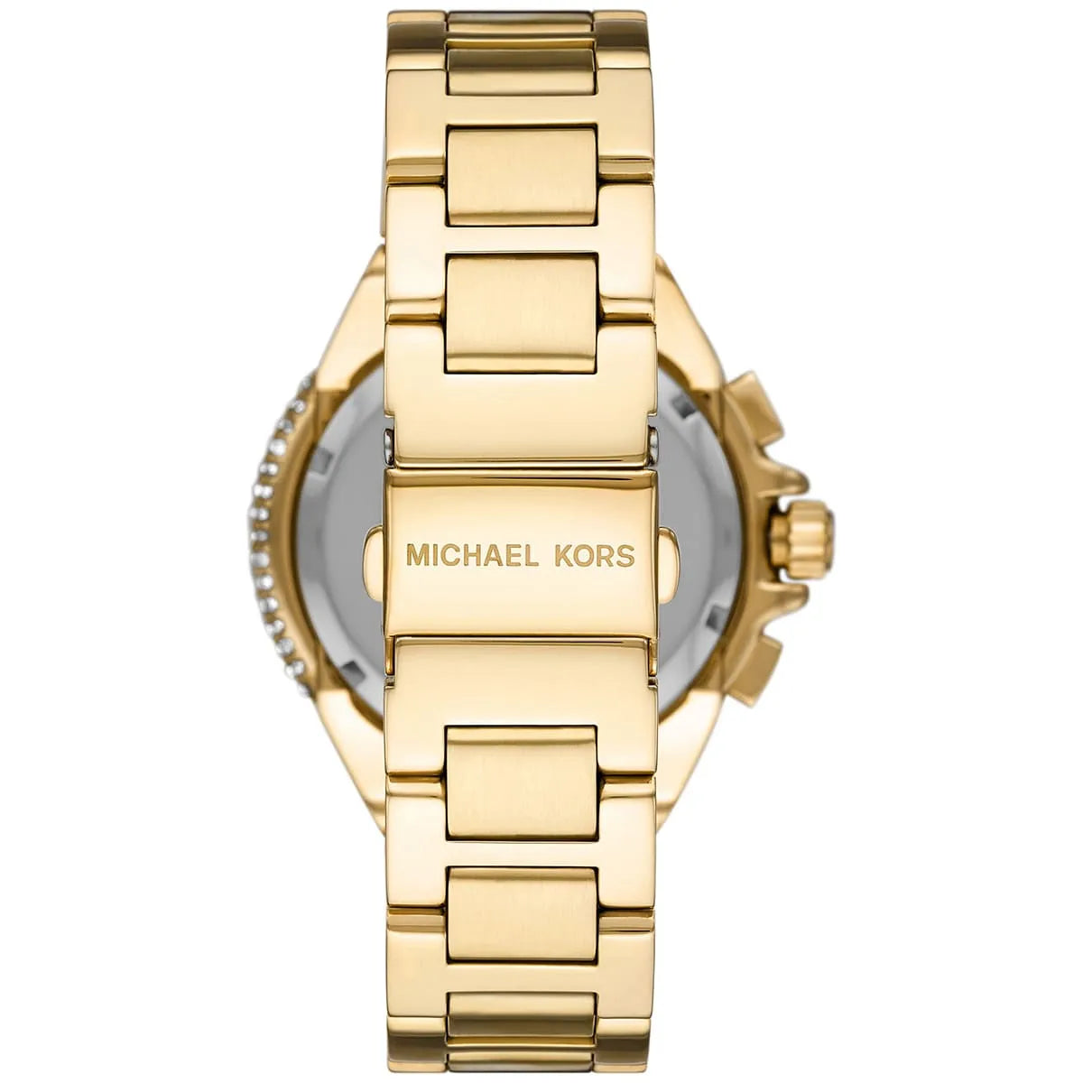 Back view of Michael Kors Camille watch with stainless steel bracelet and caseback
